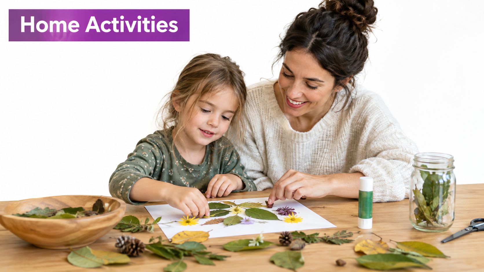 A mother and her young daughter doing a creative arts and crafts project together at home.