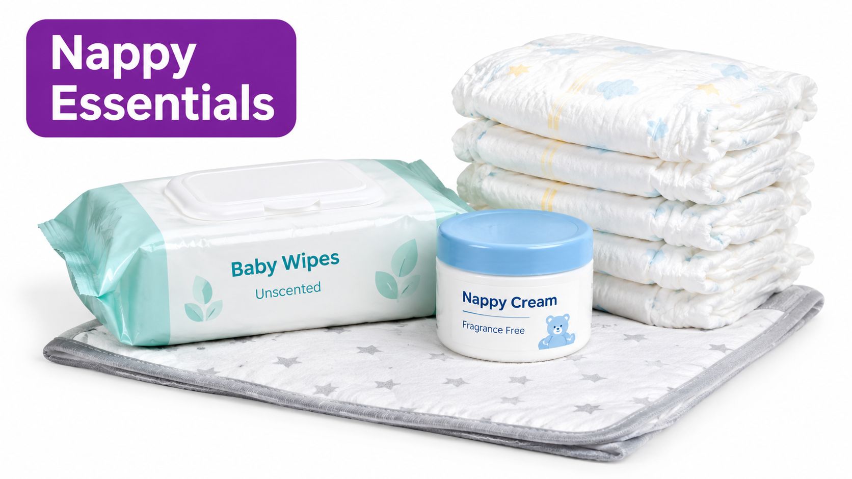 A stack of diapers, a pack of unscented baby wipes, and a jar of nappy cream on a changing mat.