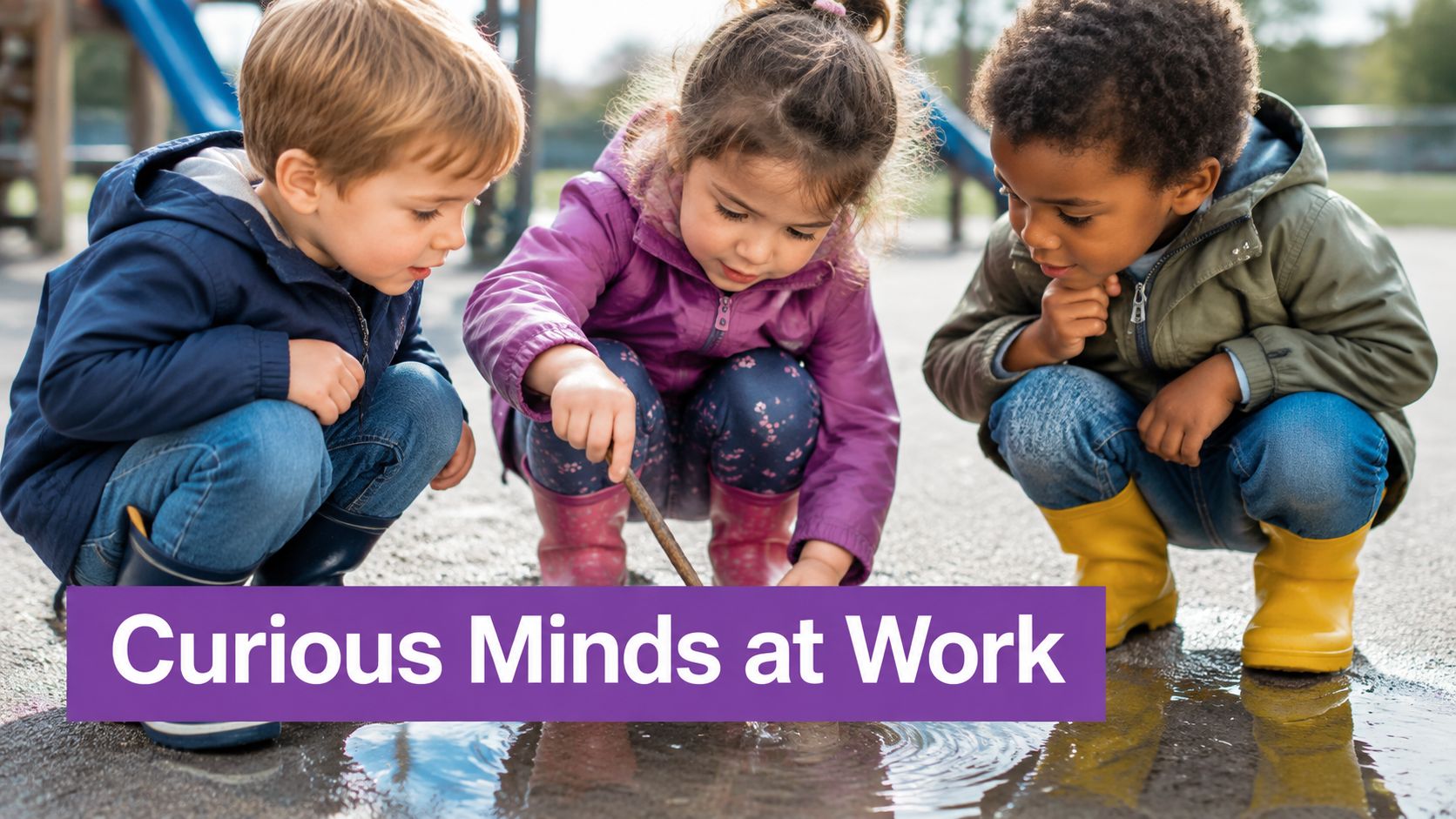Three young children curiously investigating a puddle on a playground with a wooden stick outside together.