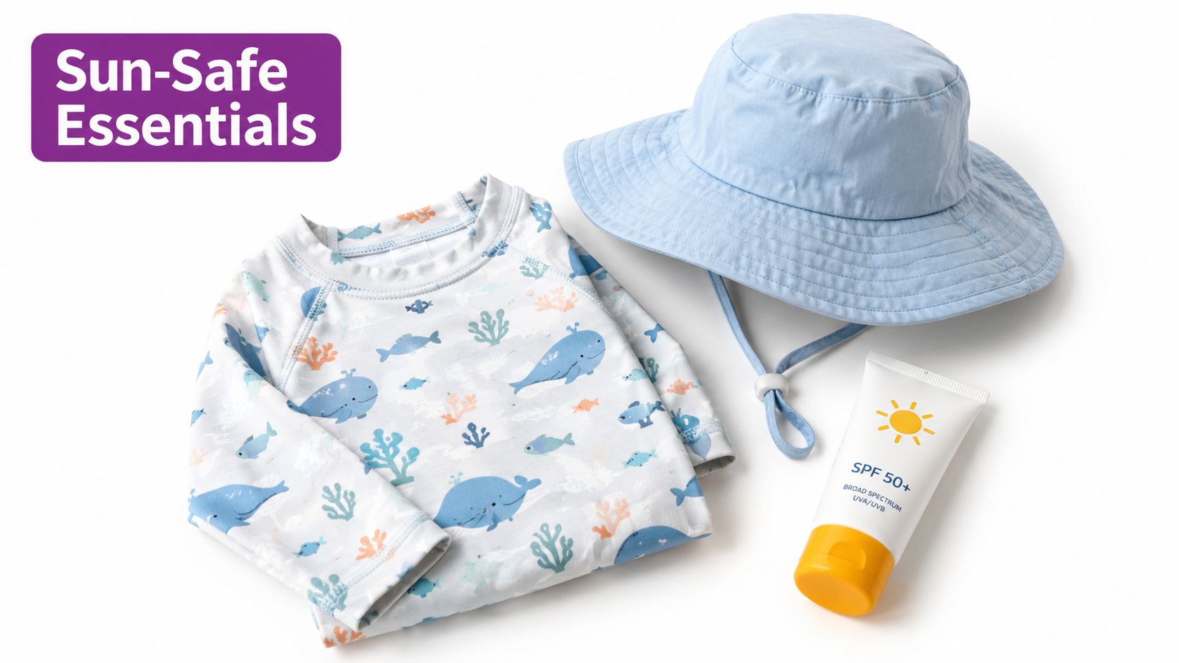 A flat lay of infant daycare packing list essentials including a whale-patterned long-sleeve rash guard, sun hat, and sunscreen.
