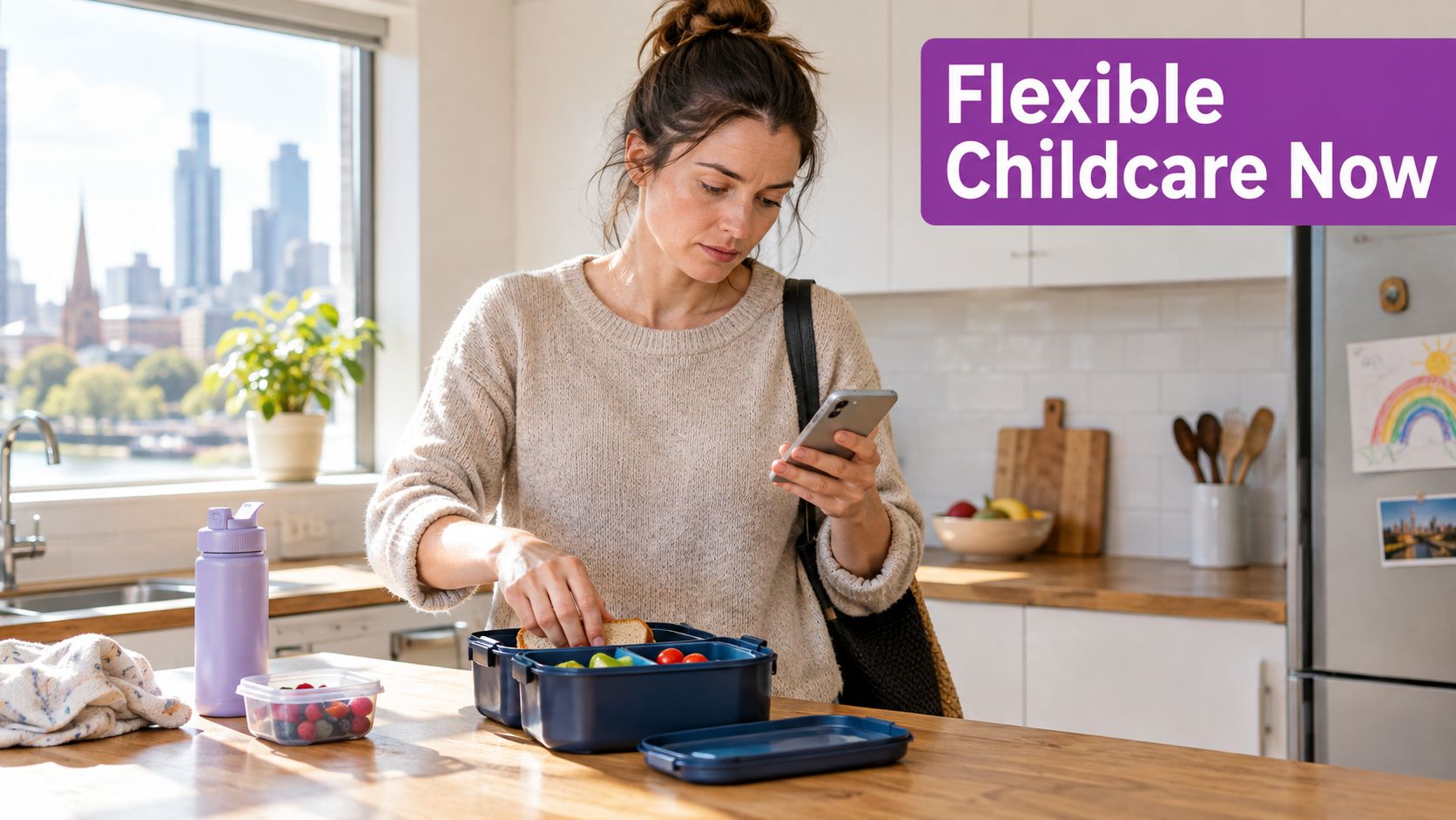 A woman preparing lunch in a bright kitchen while looking at her smartphone for flexible childcare options.