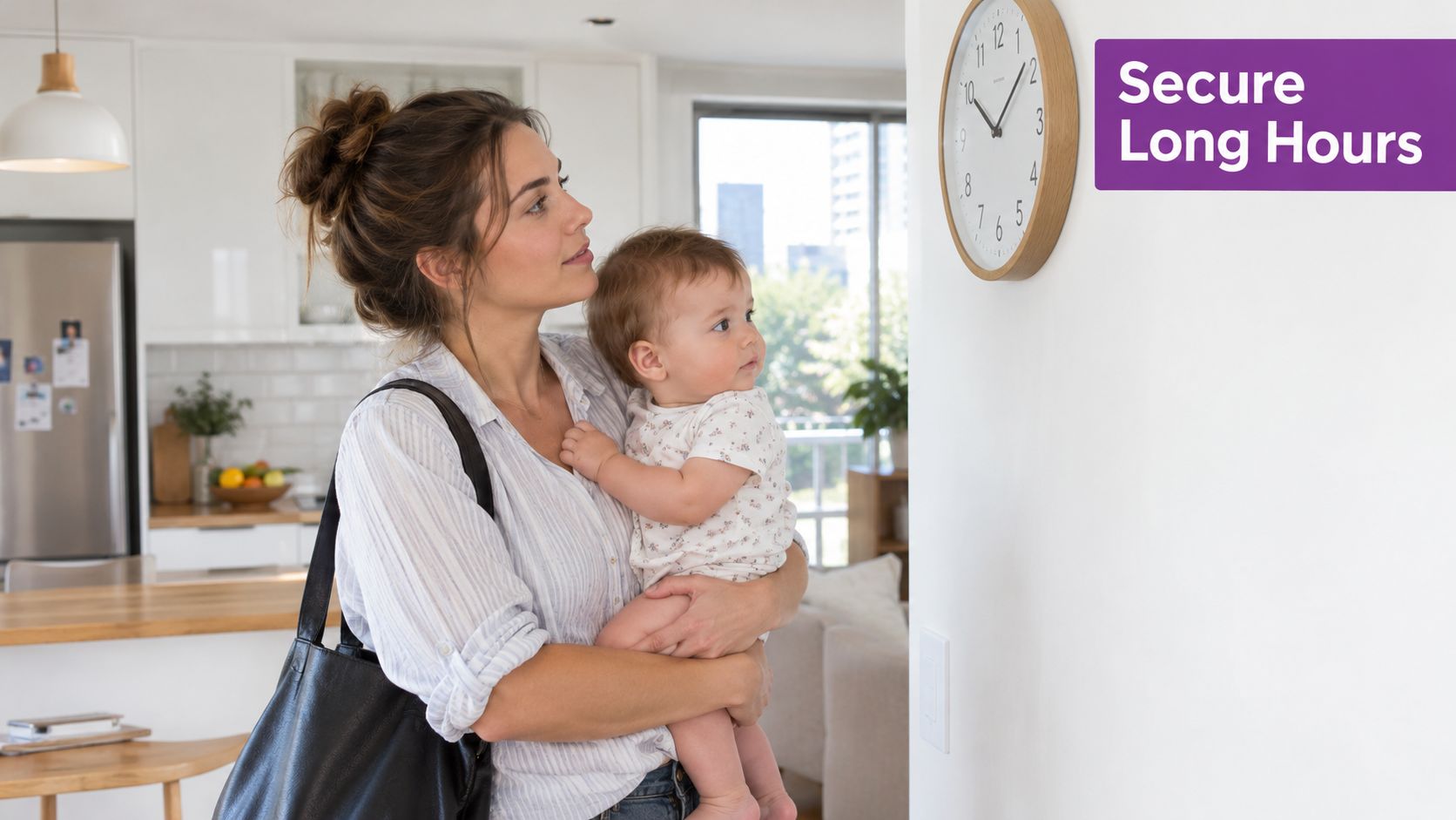 A woman holding her baby while looking at a clock on the wall in her kitchen.