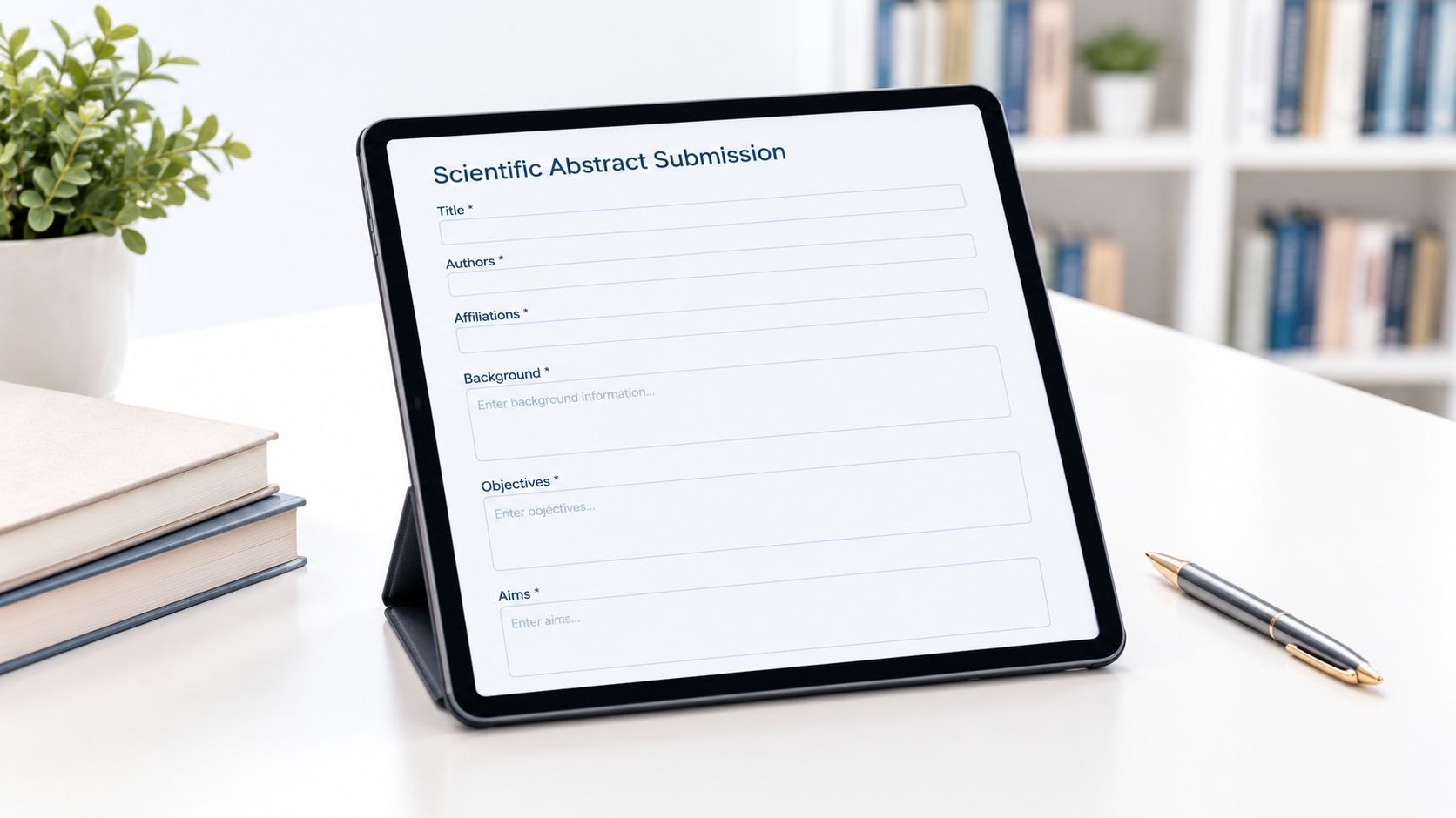 A tablet on a desk displaying a digital scientific abstract submission form with blank input fields.