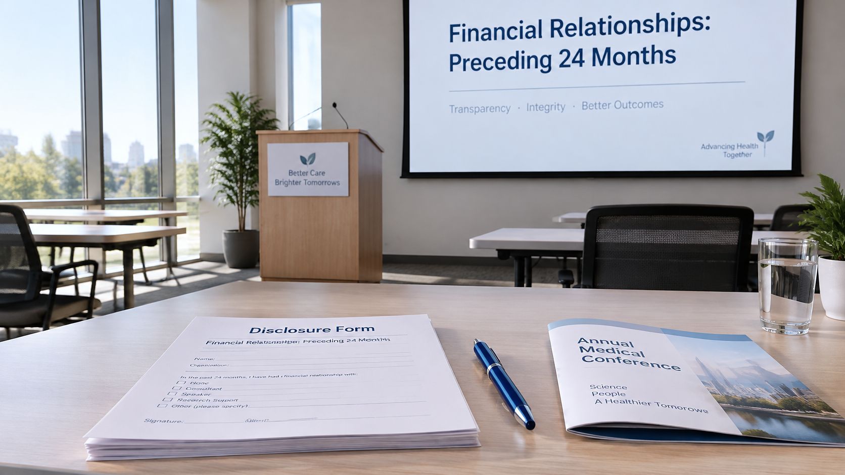 A disclosure form and conference brochure sit on a wooden table in a professional conference room setting.