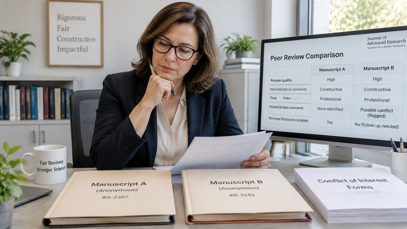 A professional woman reviews anonymous research manuscripts and comparison charts for peer review evaluation in an office.