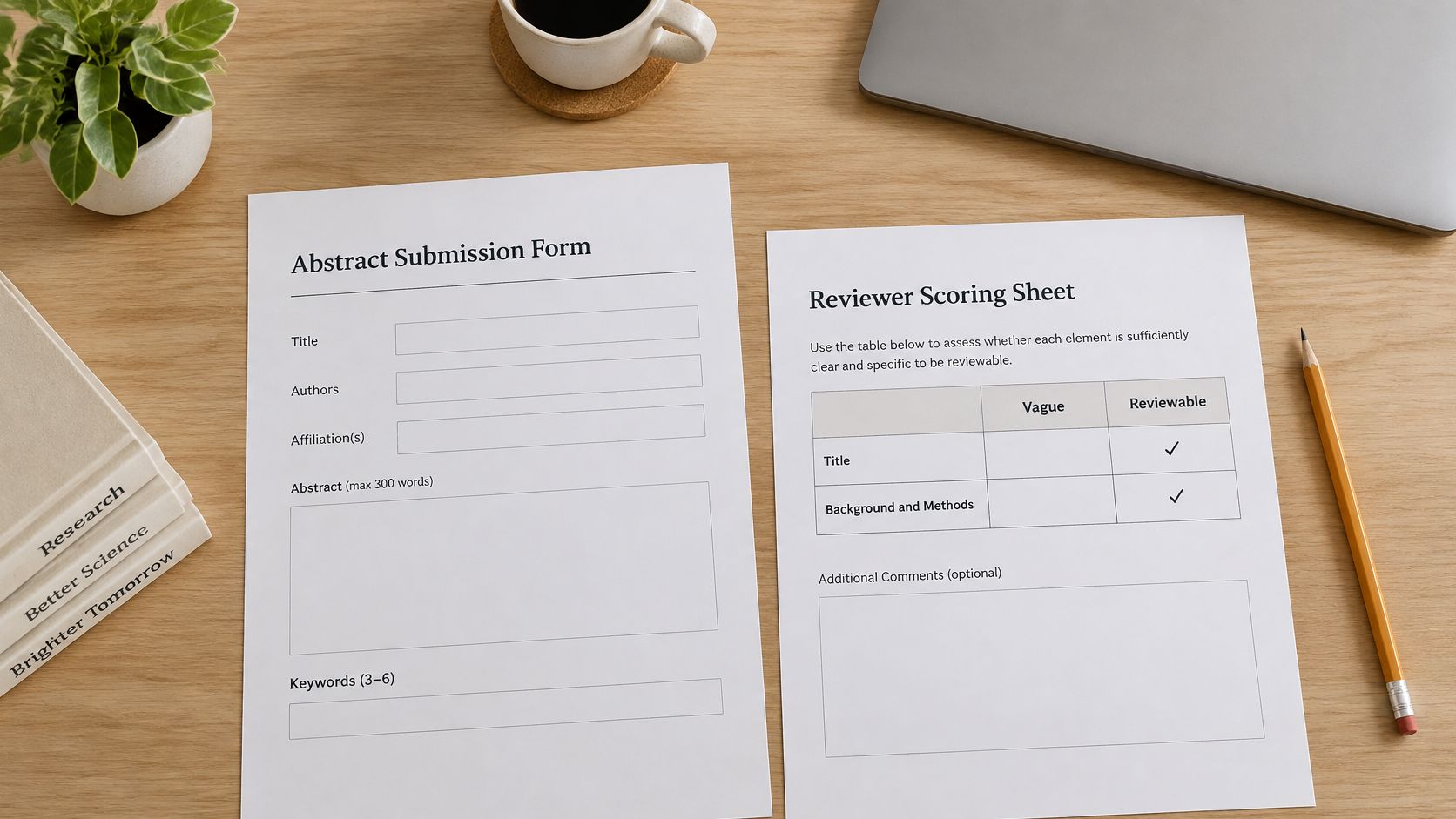 Two papers titled Abstract Submission Form and Reviewer Scoring Sheet laying on a desk with office supplies.