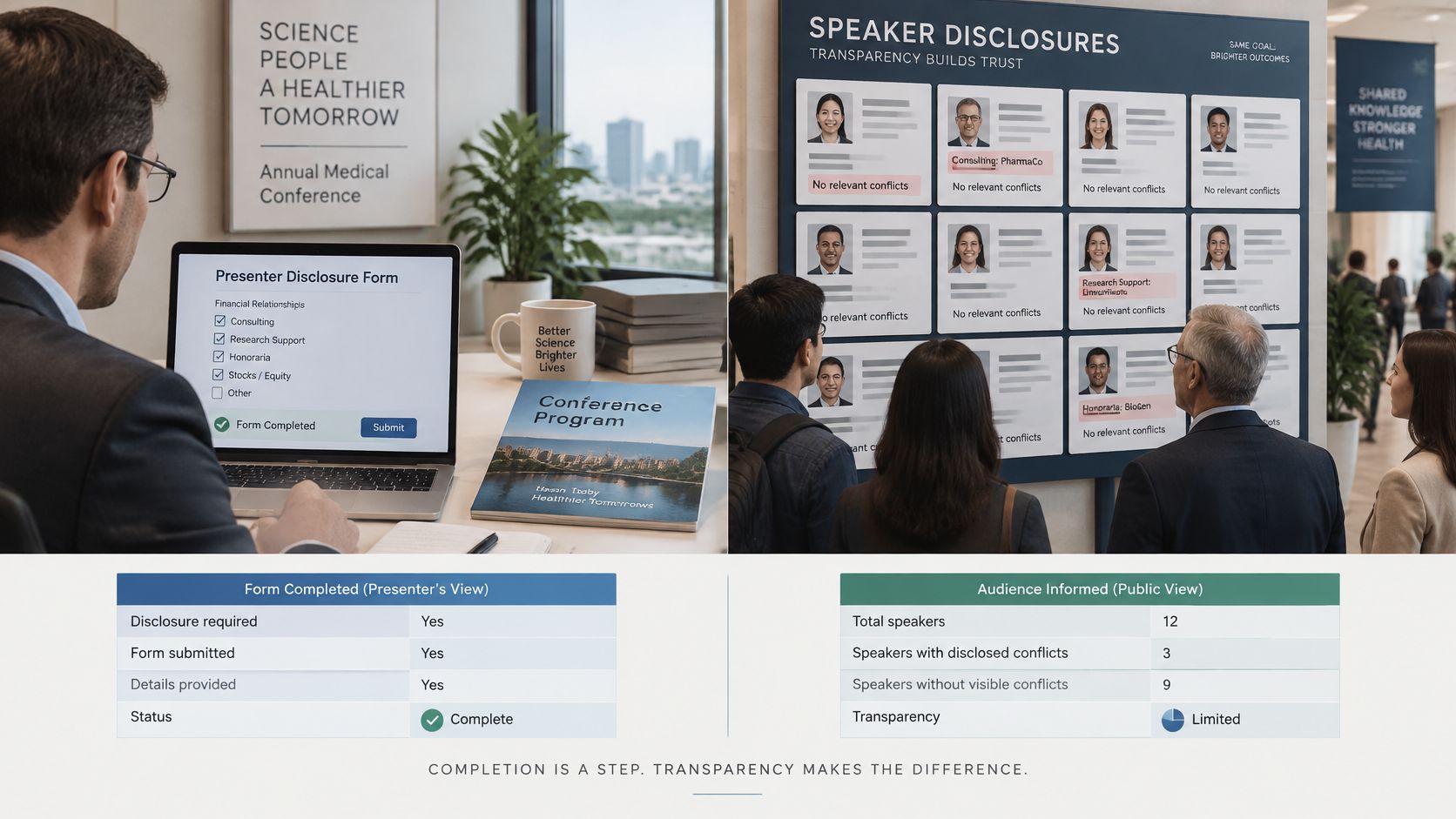 A professional split-screen view showing a presenter completing a digital financial disclosure form and attendees reviewing speaker disclosures.
