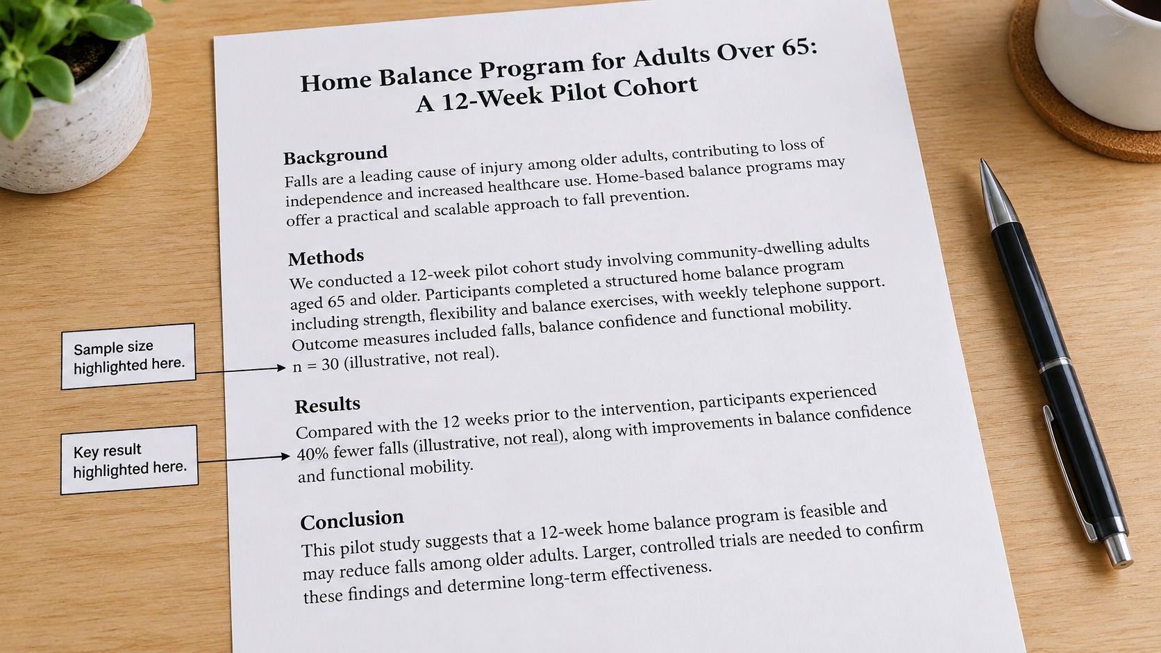 A printed document titled Home Balance Program for Adults Over 65 resting on a wooden desk.