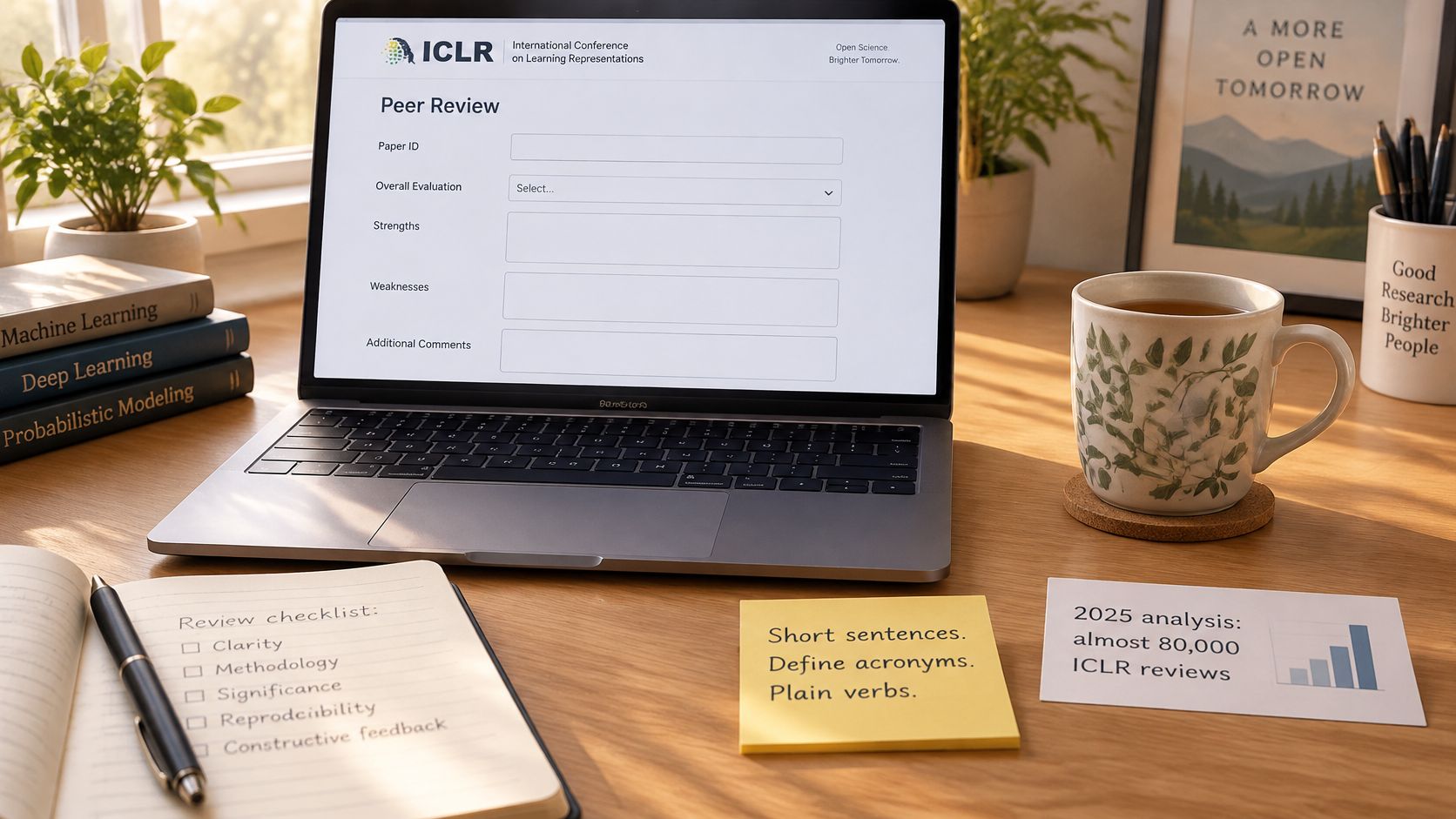 A laptop on a wooden desk displaying an ICLR conference peer review form alongside a study checklist.
