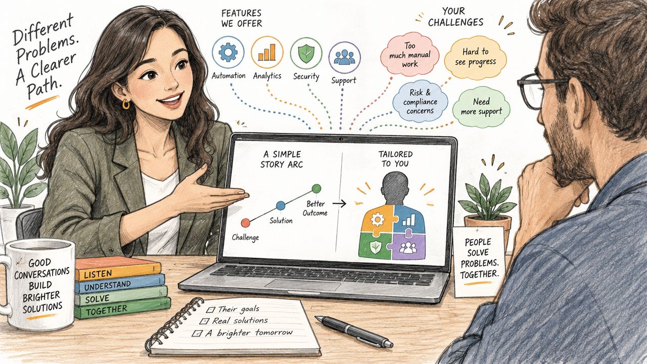 A woman presenting a software sales demo to a man, showing solutions for business challenges and growth.