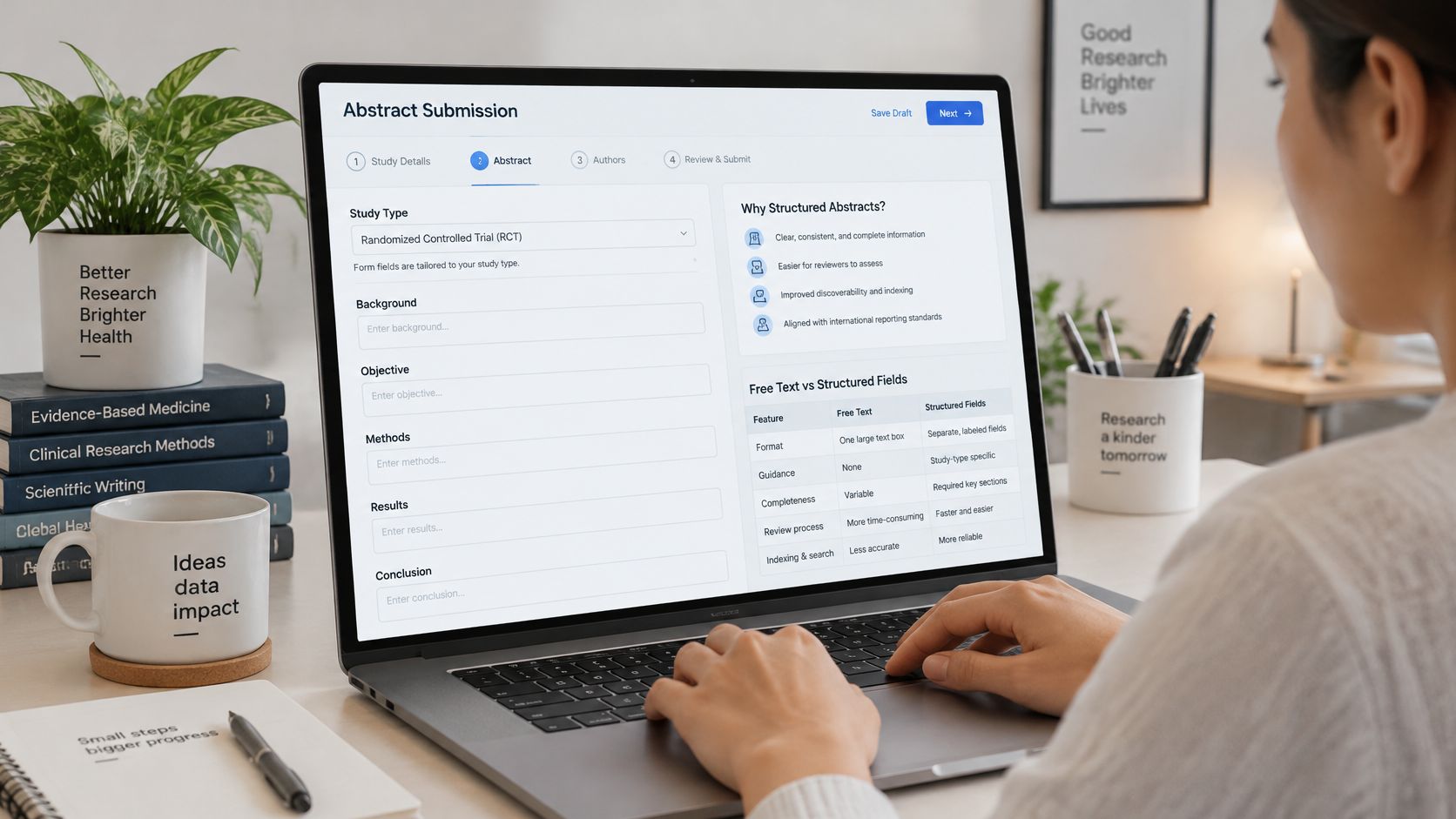 A person typing on a laptop computer displaying an abstract submission form with structured research fields.