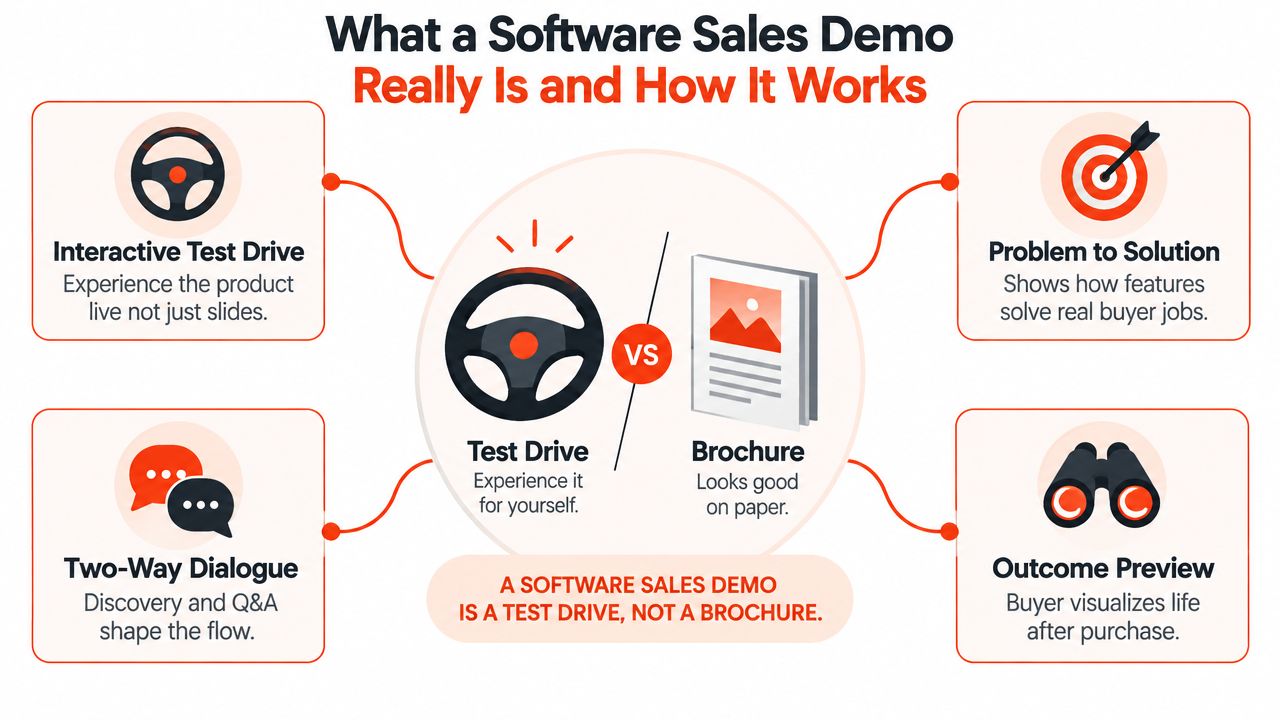 A diagram contrasting a software sales demo as an interactive test drive rather than a static brochure.
