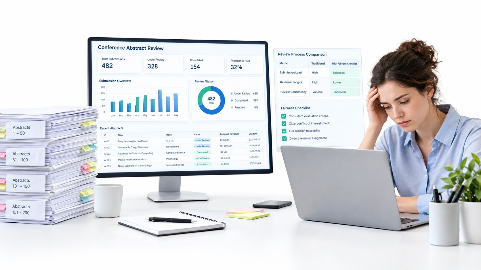 A stressed woman working at her desk with a large stack of research abstracts and a digital dashboard.