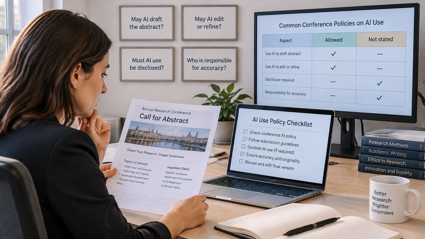 A researcher reviews abstract submission guidelines and AI policies on a document and laptop screen.