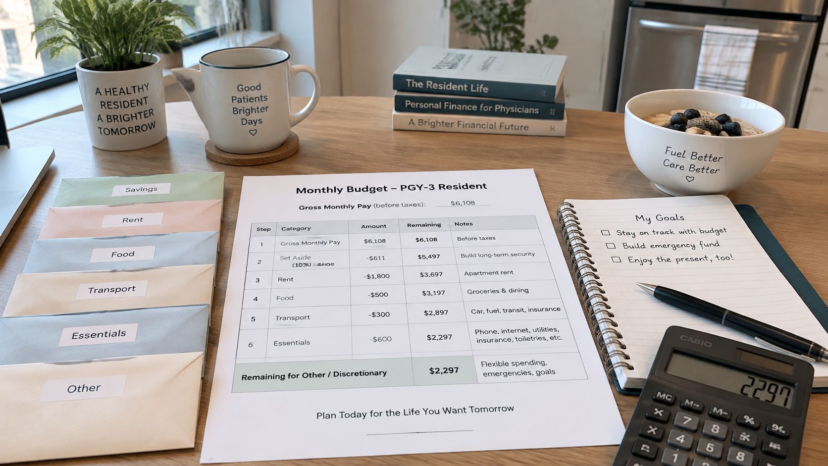 A flatlay of a desk featuring a residency budget plan, calculator, notebooks, and labeled savings envelopes.