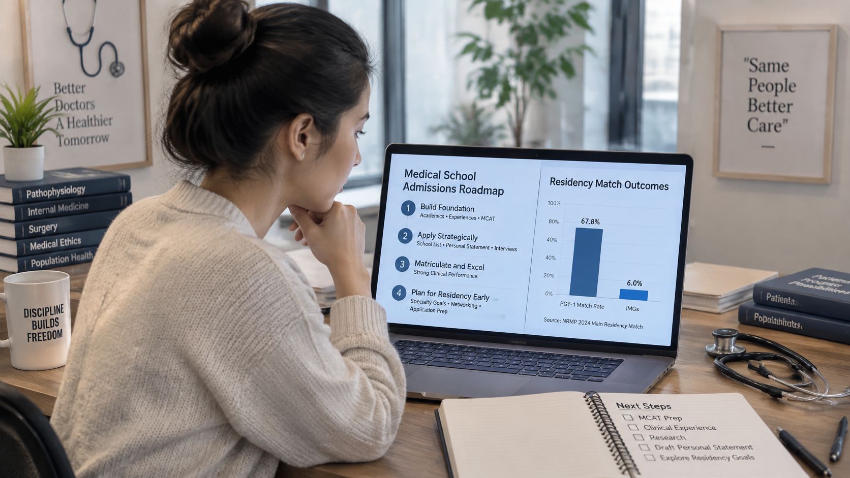 A focused student studying a medical school admissions roadmap and residency match outcomes on a laptop screen.