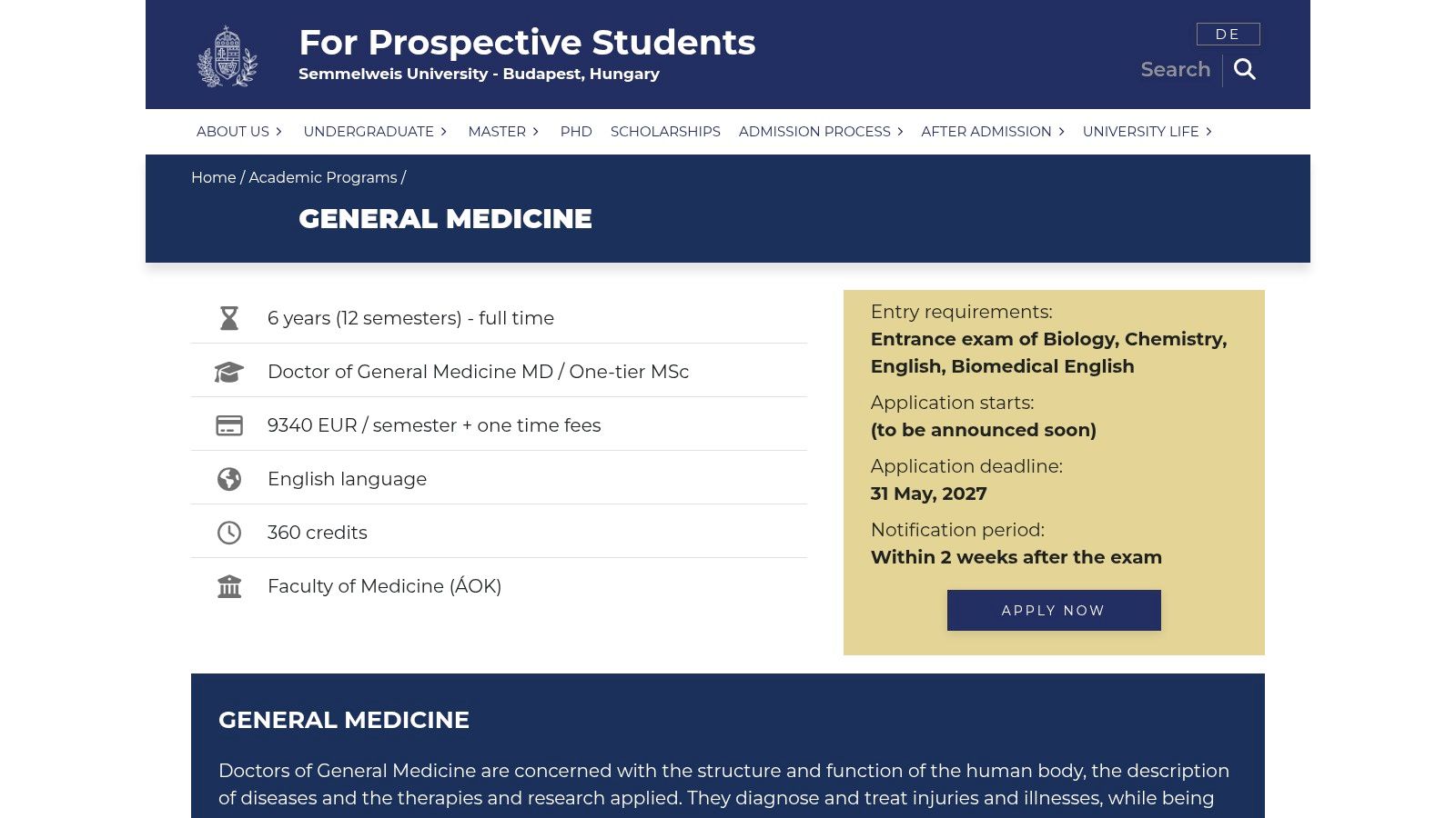 Semmelweis University General Medicine in English