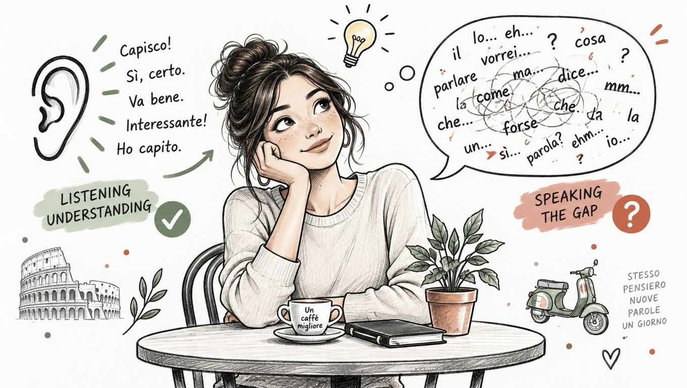 An illustrated young woman thinking about speaking Italian, with icons representing listening understanding and language learning challenges.