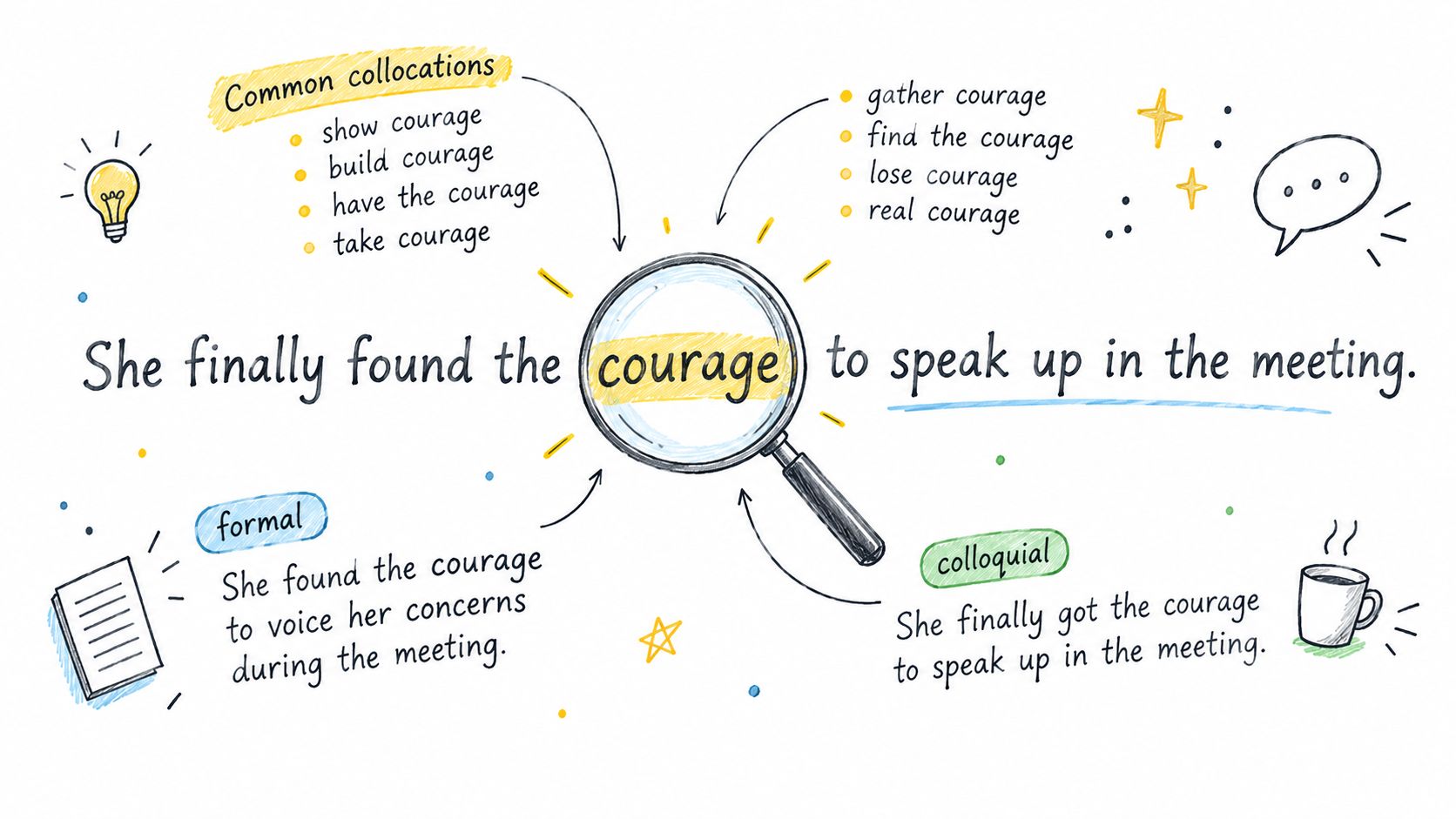A diagram illustrating common collocations, formal, and colloquial uses of the word courage in sentences.