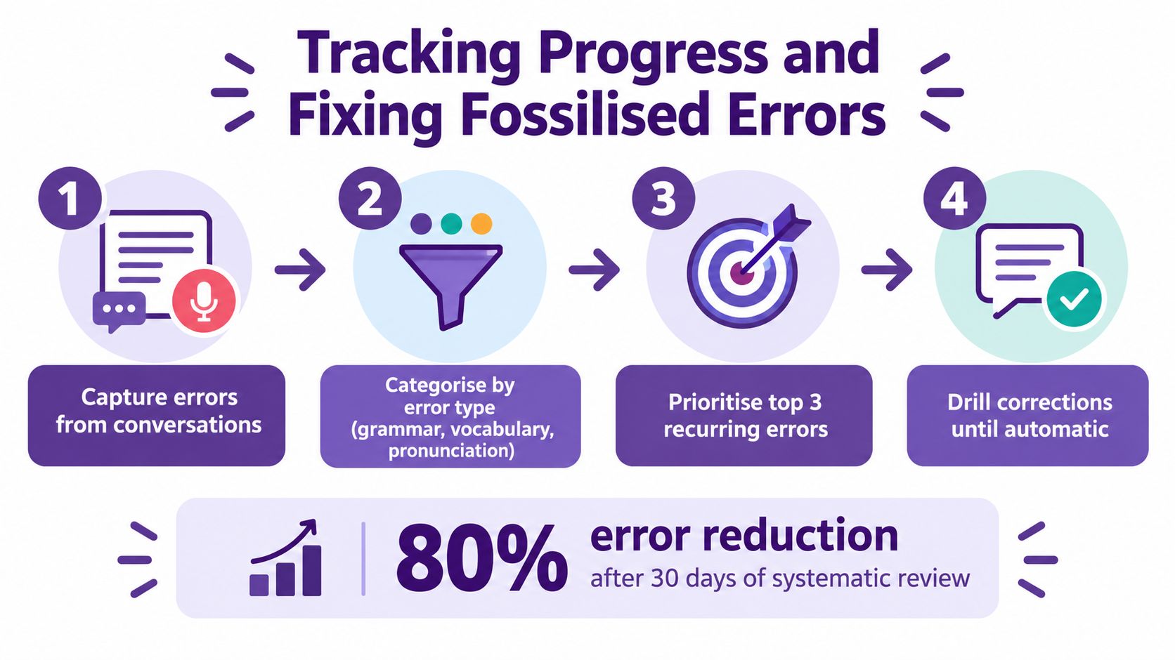 A four-step infographic illustrating a process for tracking and fixing language errors to improve speaking skills.