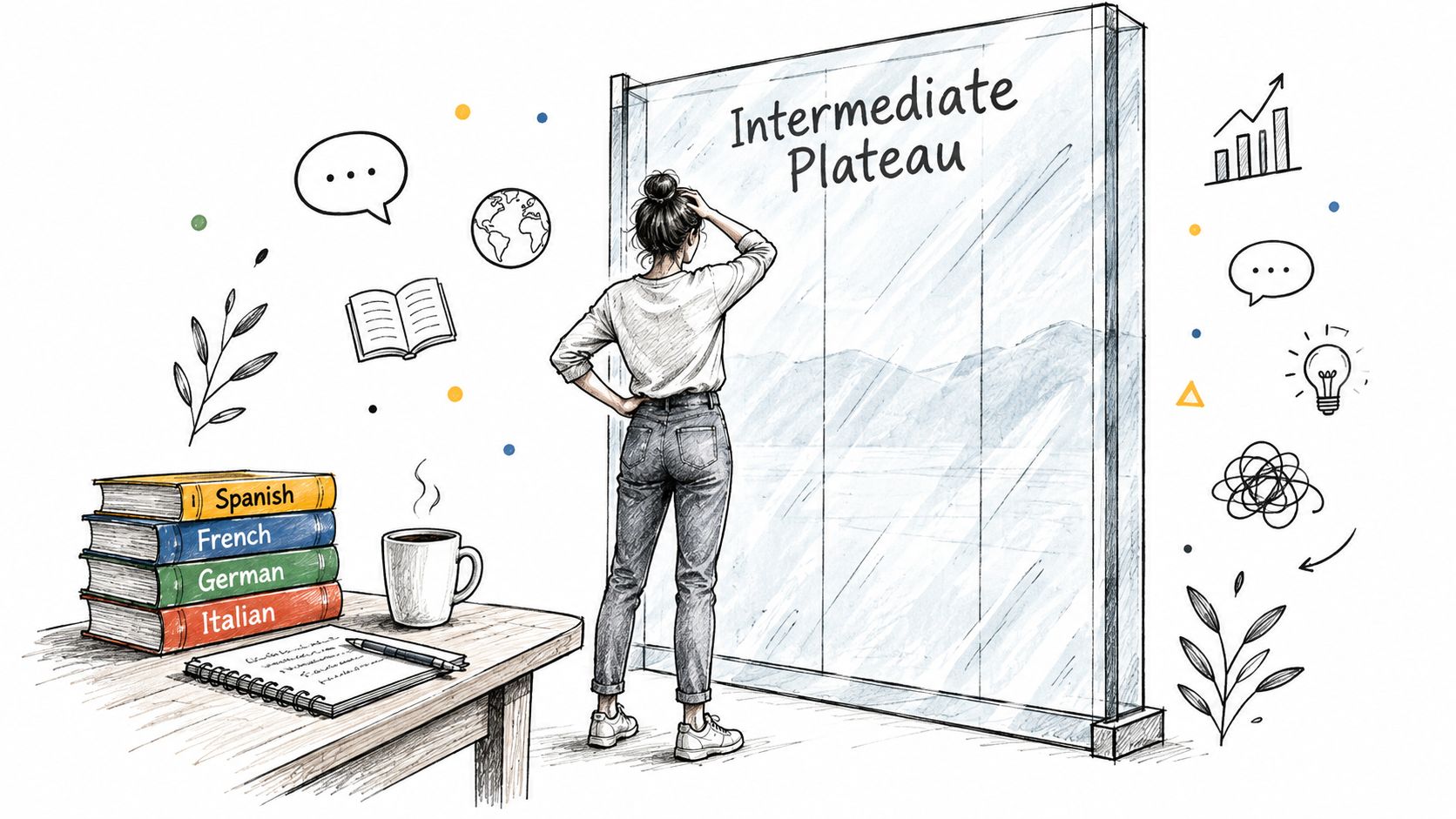 A woman looks at a large glass pane labeled Intermediate Plateau, surrounded by language books and icons.