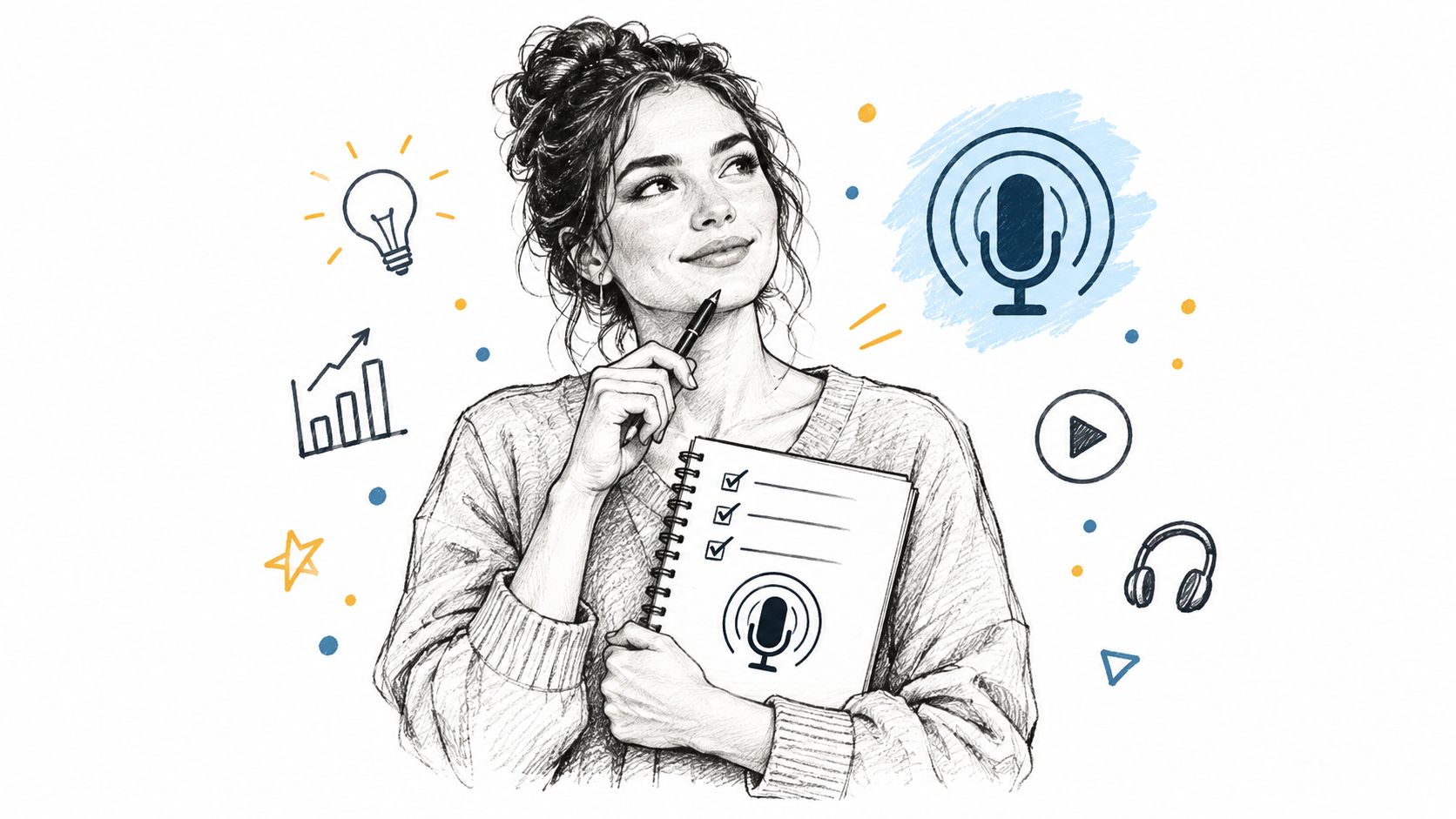 A pencil sketch of a woman holding a notepad, surrounded by icons of a microphone, podcasting, and ideas.