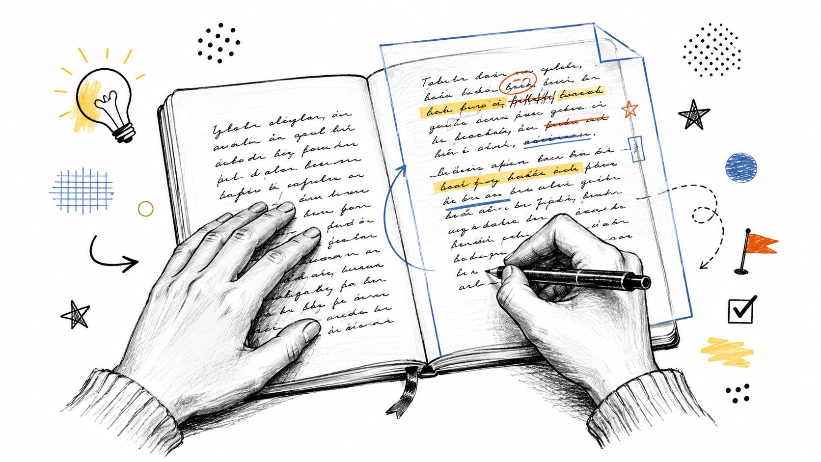A pair of hands writing and editing text in a notebook with highlighting and correction marks.