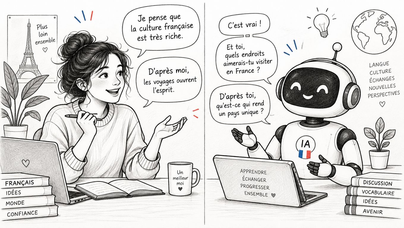 A young woman and a friendly AI robot having an educational conversation about French culture and language.