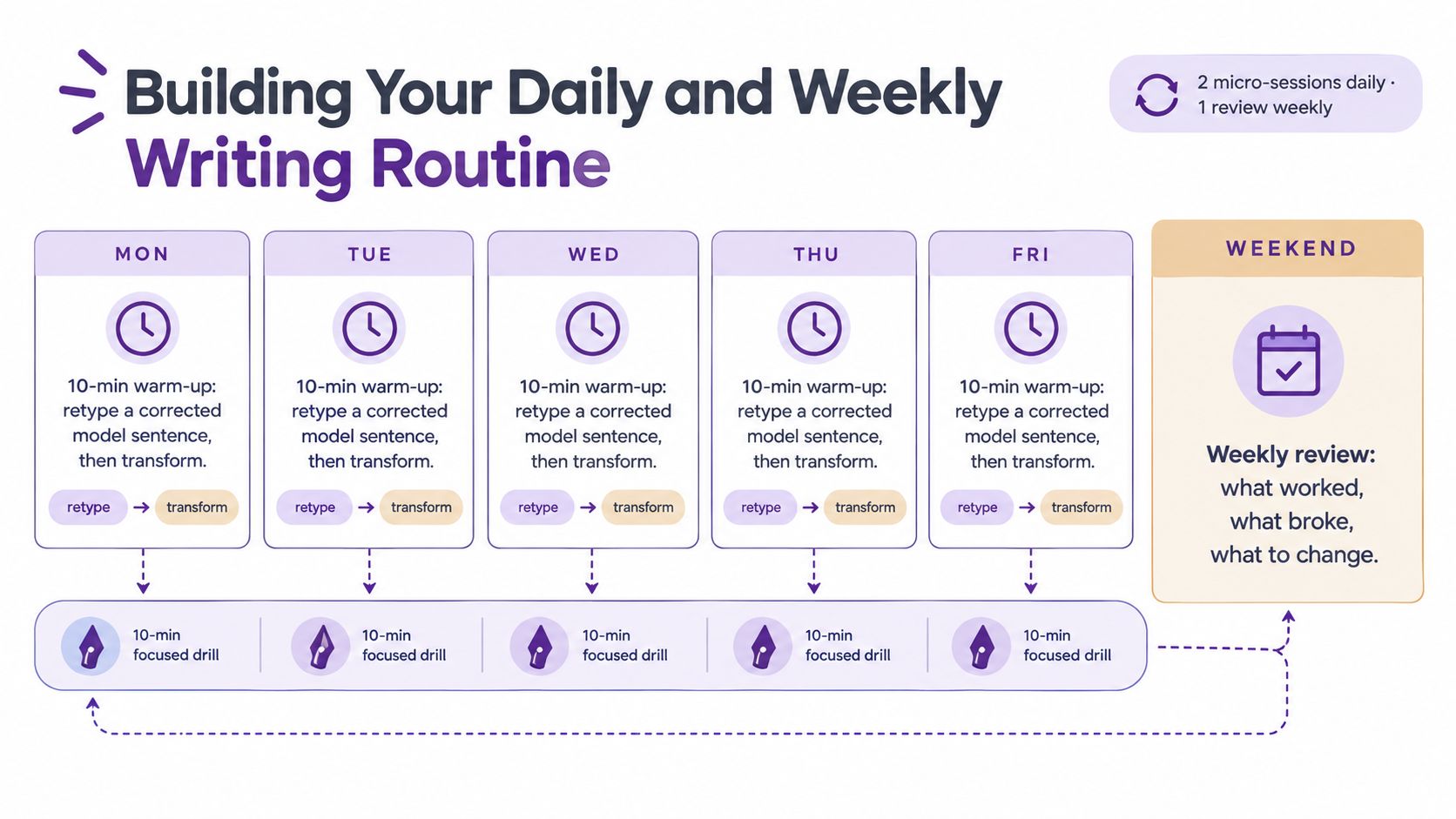 A visual schedule showing a daily and weekly writing routine with exercises for Monday through Friday.