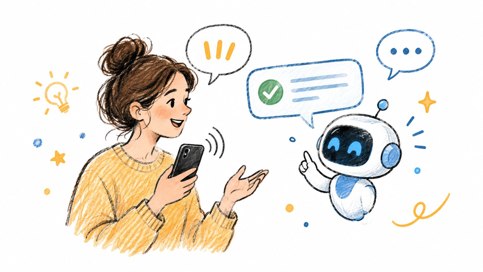A young woman smiling while talking to a friendly AI robot chatbot on her smartphone illustration.