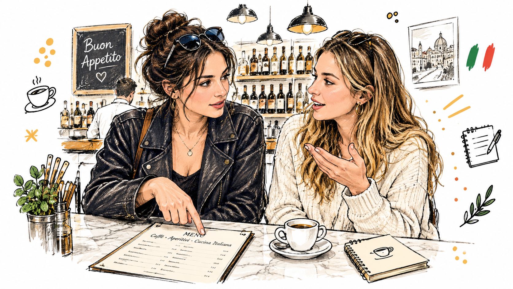 Two women having a conversation and reviewing a menu at an Italian cafe with coffee and drinks.