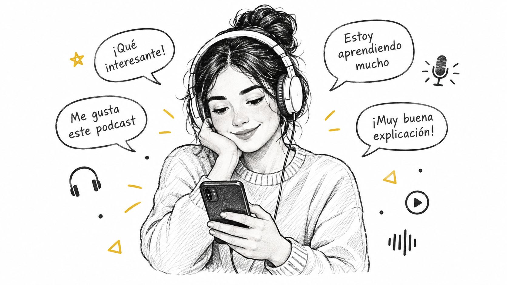 A pencil sketch of a young woman with headphones listening to a podcast on her smartphone happily.