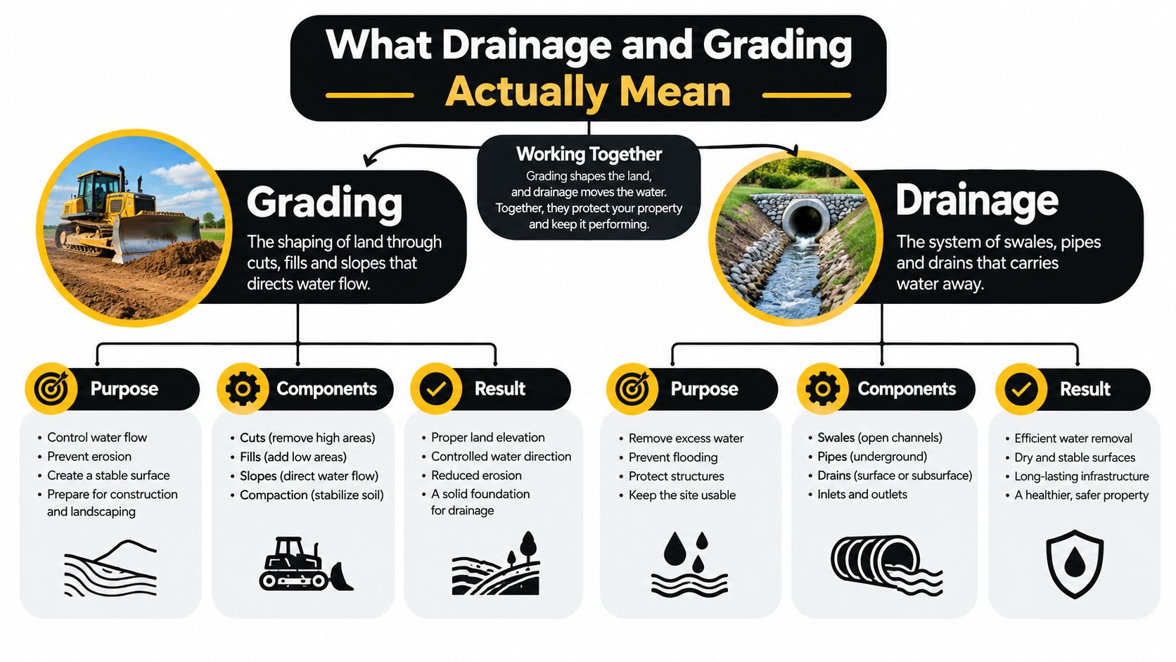 An infographic explaining the relationship and differences between land grading and water drainage systems for construction.