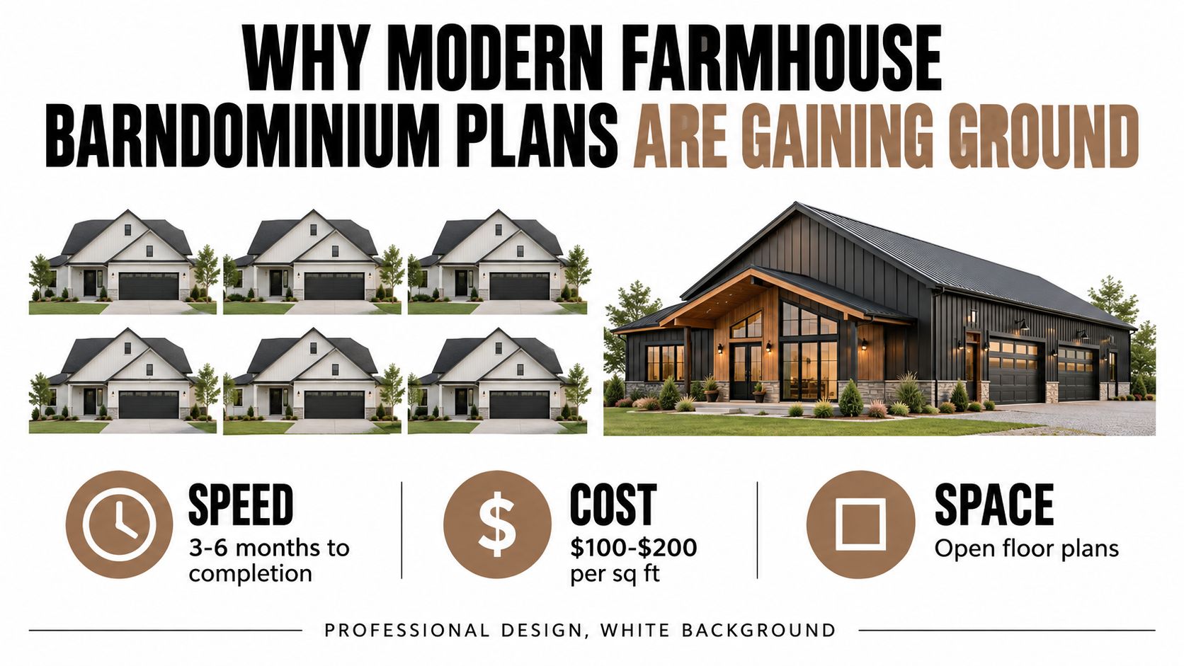 An infographic showing modern farmhouse barndominium plans highlighting speed, cost, and open floor space benefits.