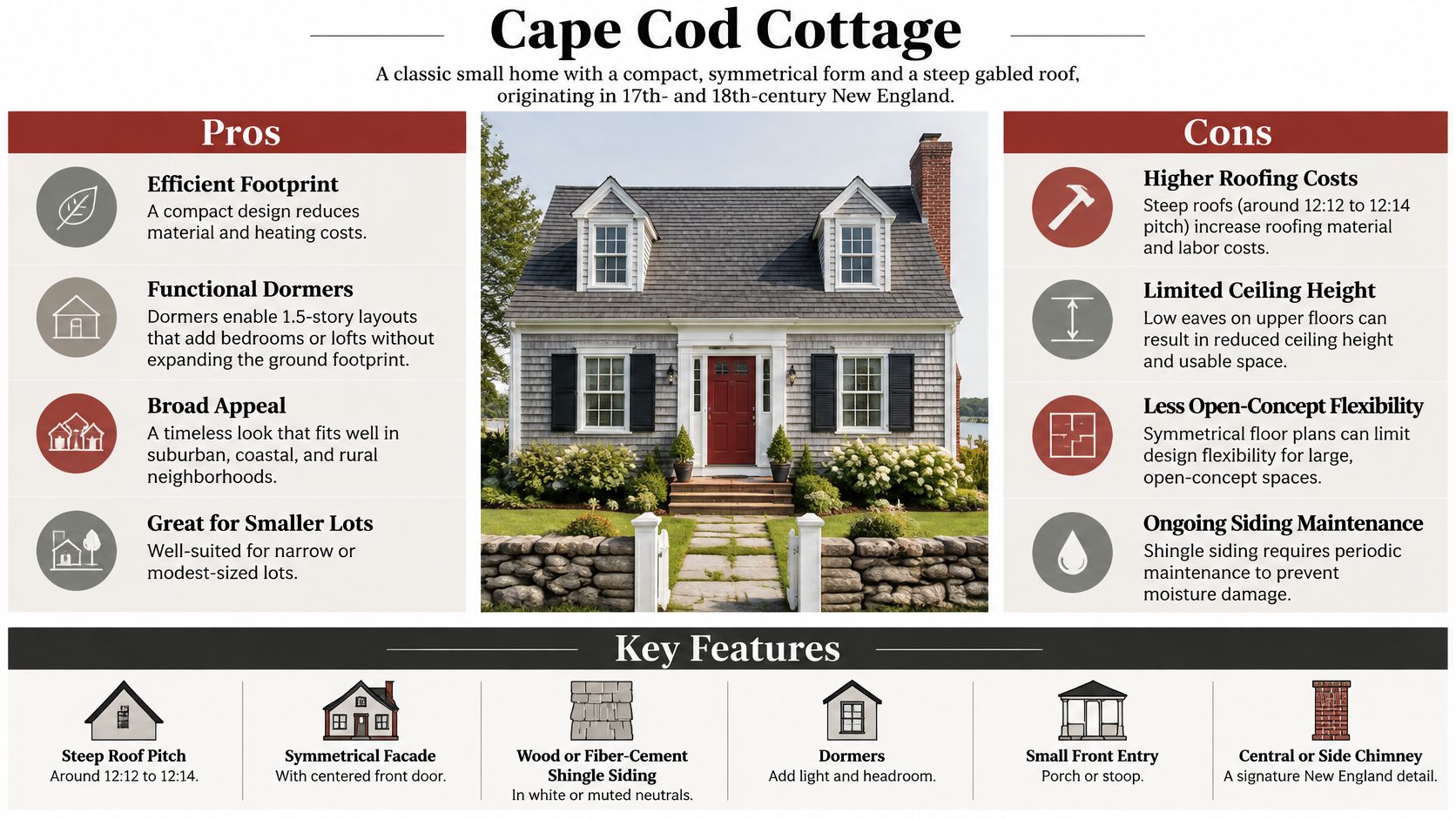 An infographic detailing the pros, cons, and key architectural features of a traditional Cape Cod cottage style home.