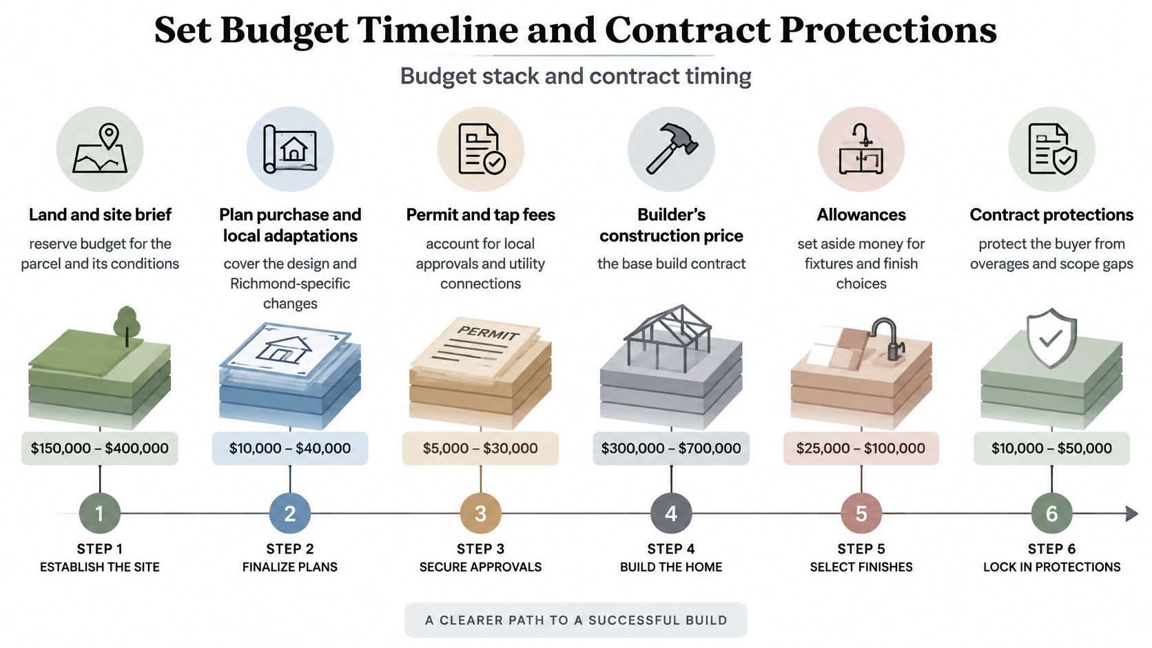 A six-step infographic outlining the budget timeline and contract protections for building a custom home in Richmond.