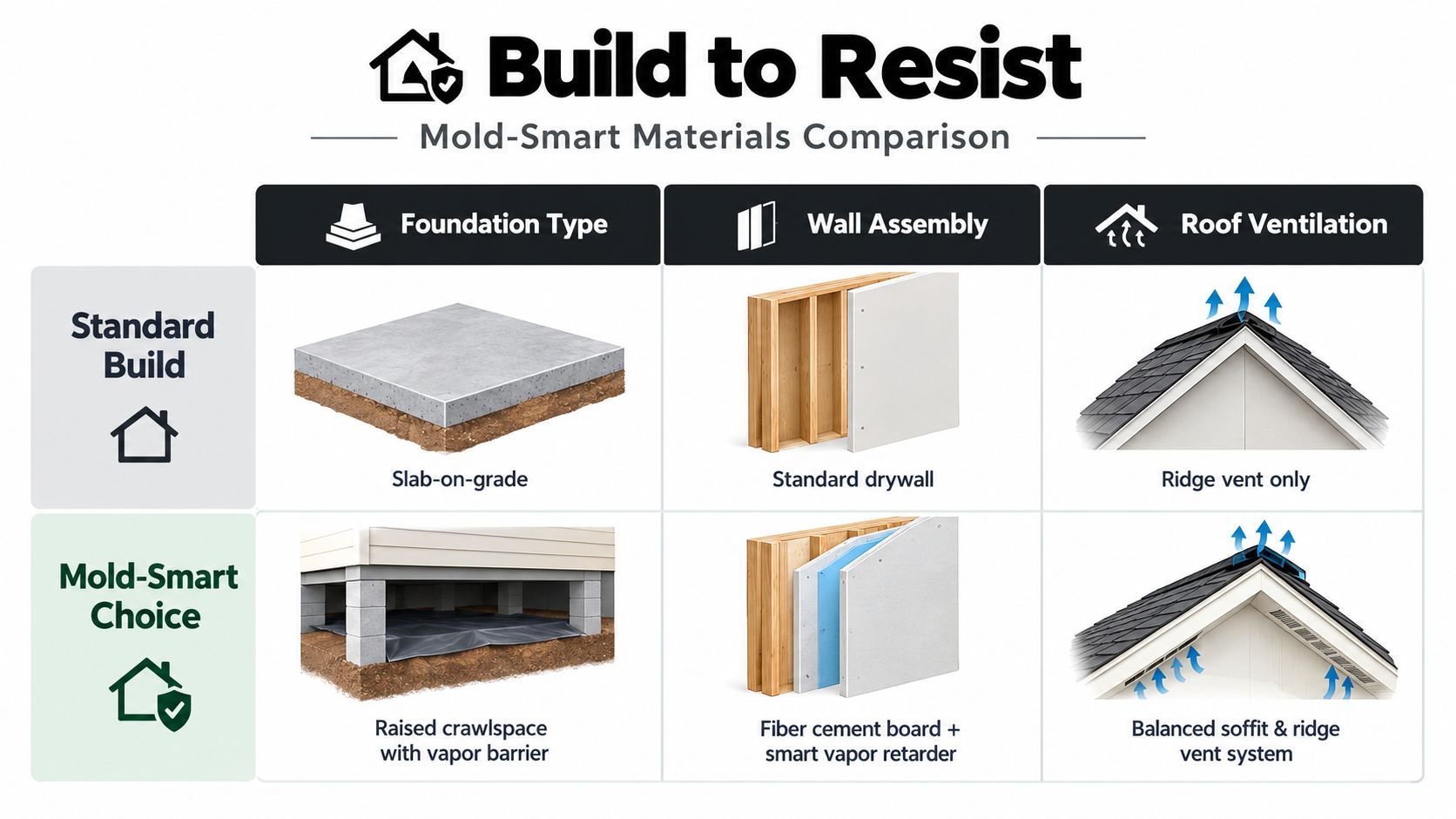 A comparison chart showing construction methods to prevent mold growth in foundations, walls, and roof ventilation systems.
