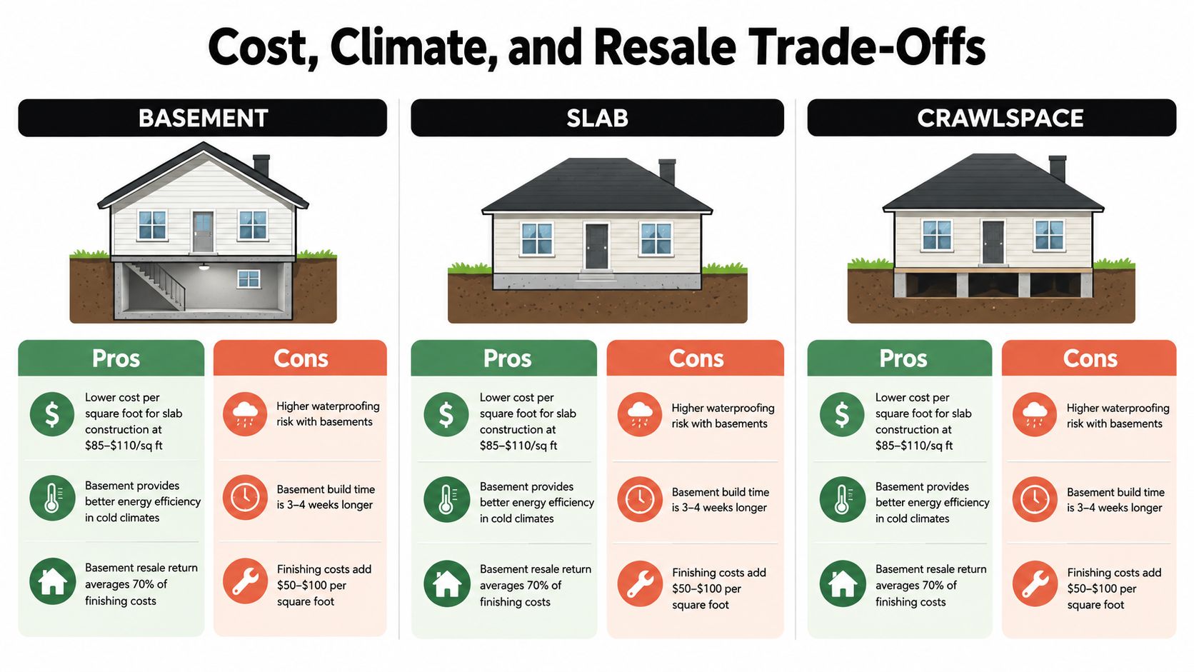 A comparison chart showing the pros and cons of basement, slab, and crawlspace house foundation types.
