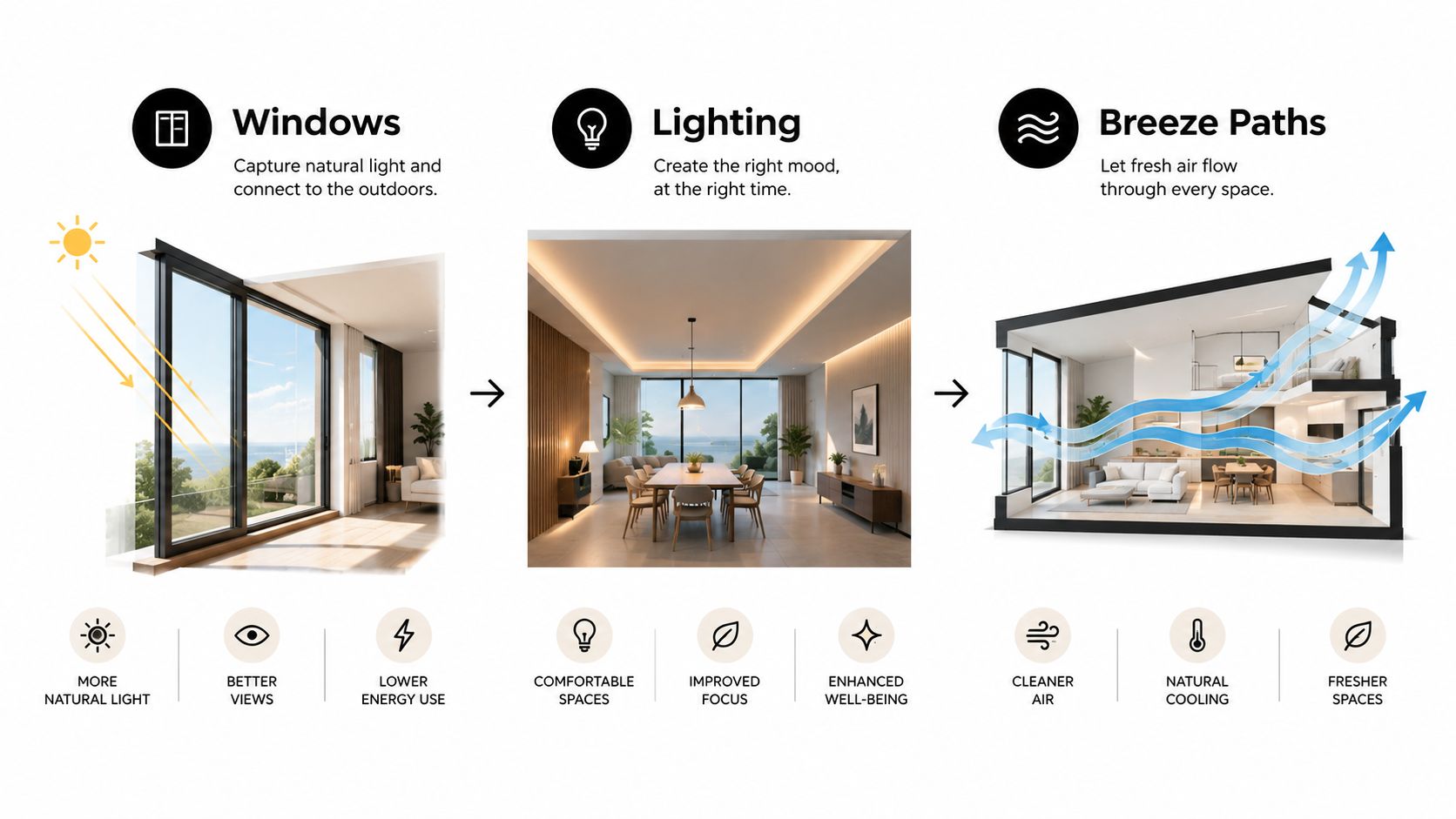 A diagram illustrating design principles for coastal homes: windows, lighting, and breeze paths for improved living comfort.