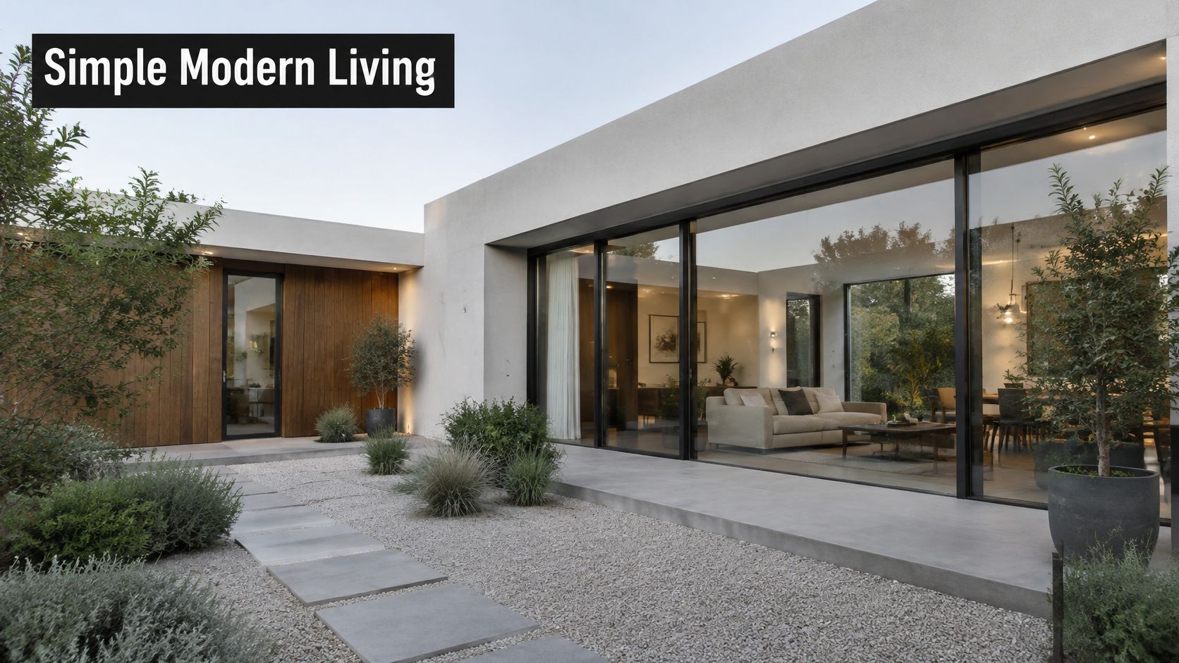 A modern home exterior with large glass sliding doors and a minimalist gravel courtyard with stone pathways.