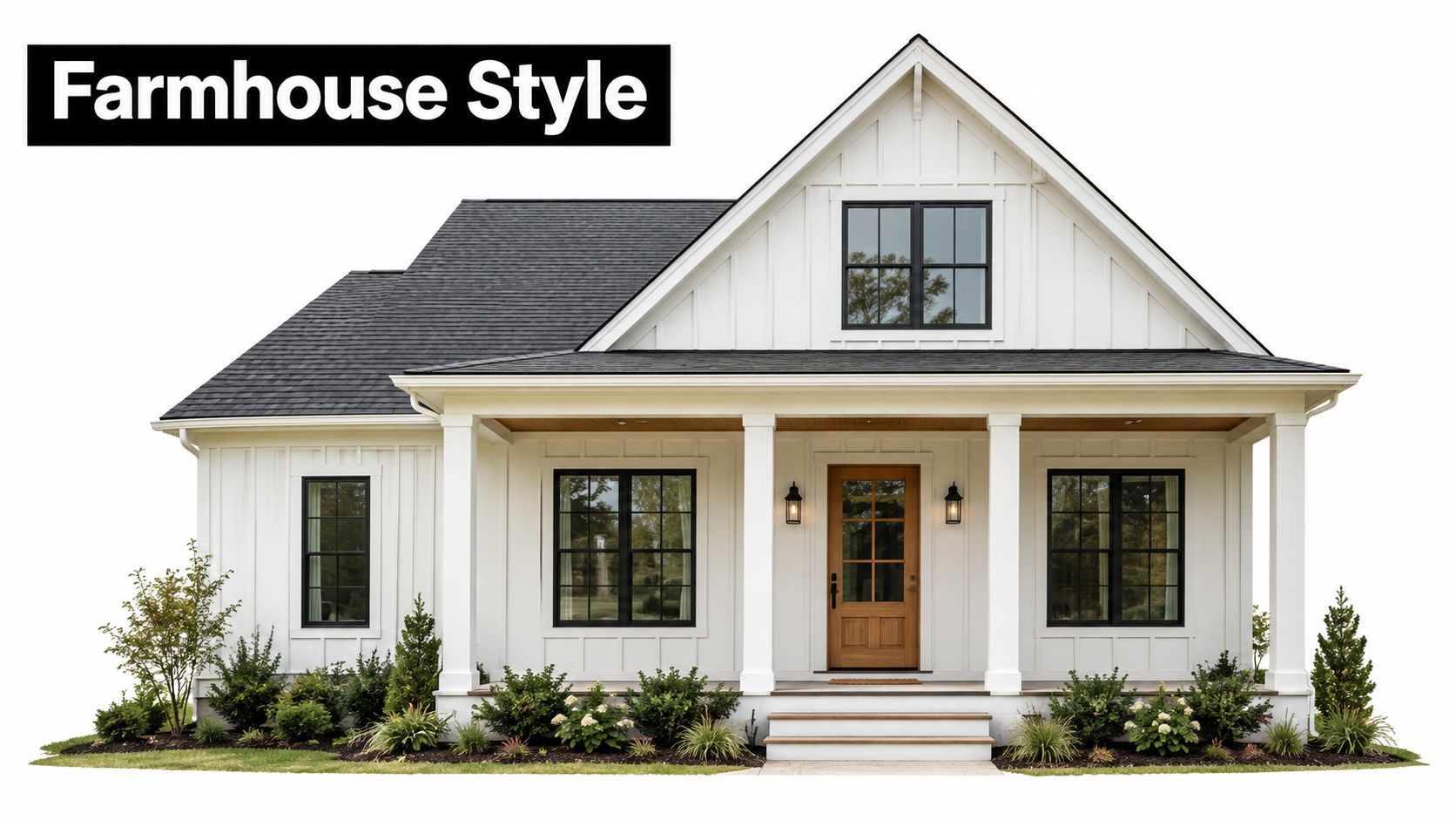A modern farmhouse style home featuring white siding, a dark roof, and a welcoming wooden front door.