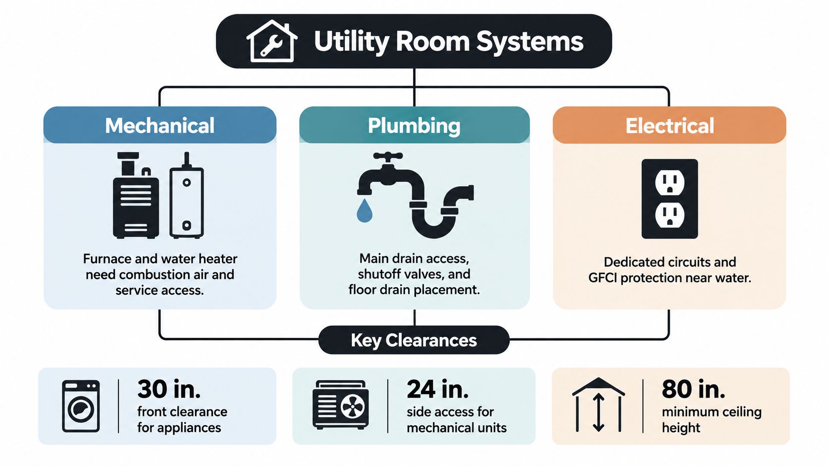 An infographic showing essential mechanical, plumbing, and electrical requirements for residential utility room systems.