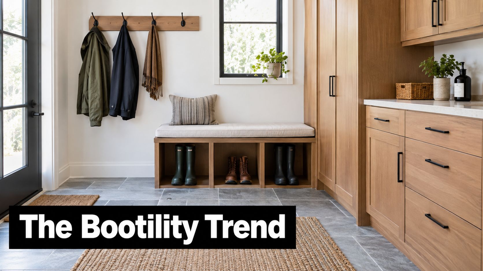 A modern and organized mudroom interior with wooden cabinetry, a built-in bench, and stylish storage solutions.