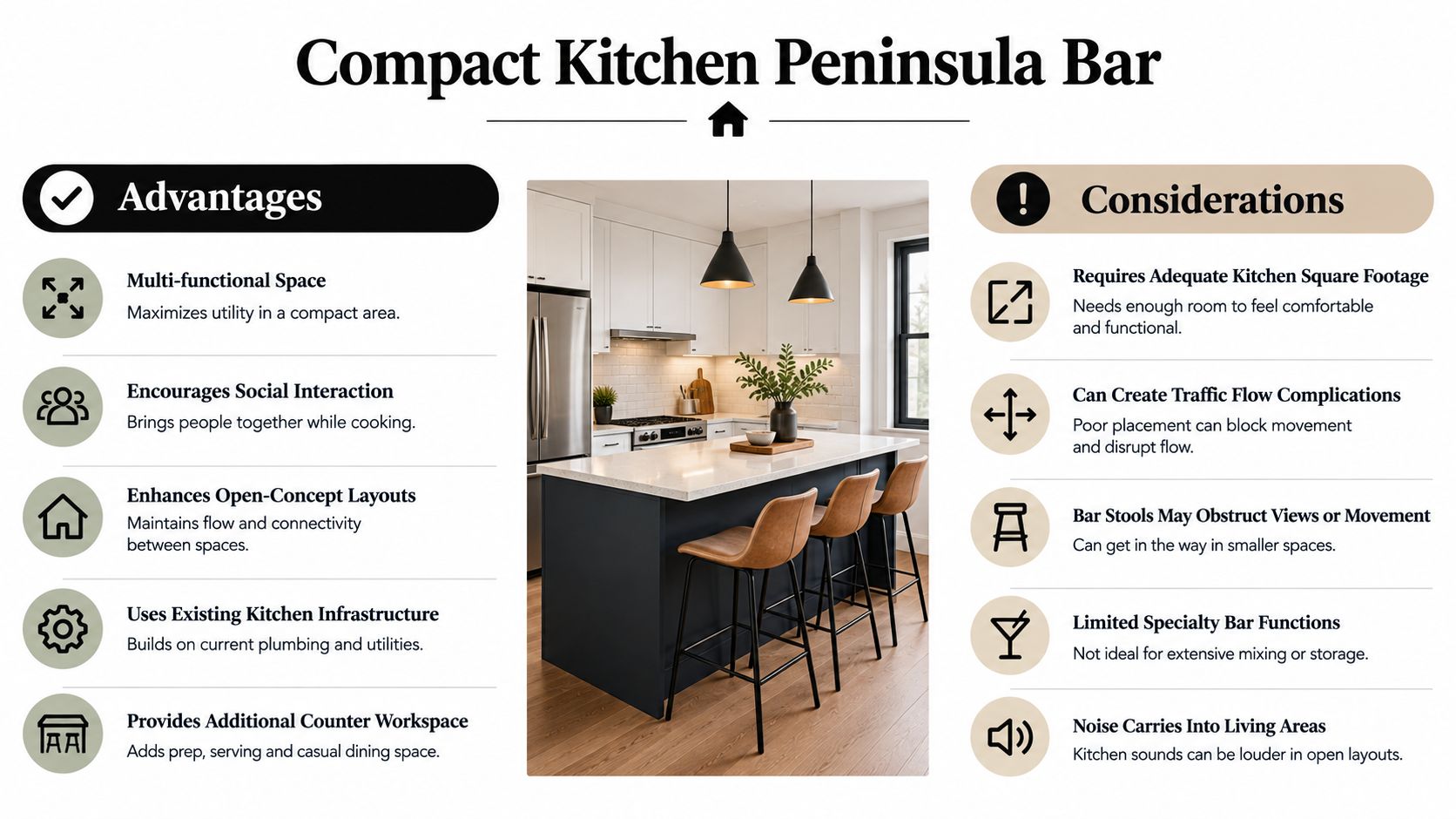 A professional infographic outlining the pros and cons of installing a compact kitchen peninsula bar in homes.