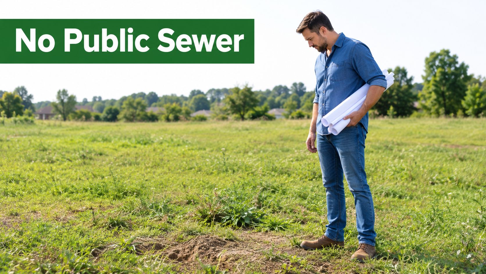 An architect holds building plans while standing in a vacant grassy field without public sewer access.