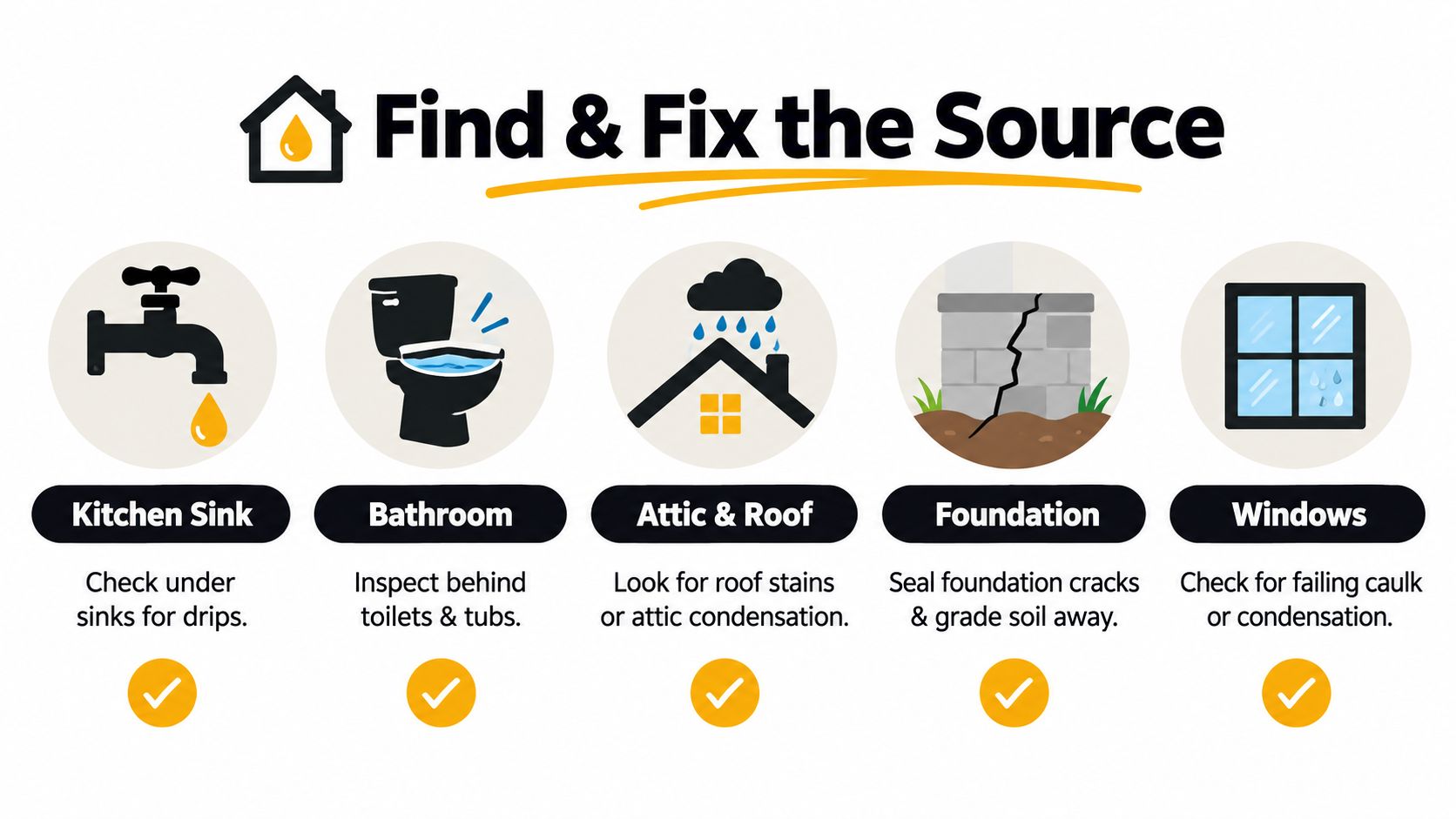 An infographic displaying five common household areas to inspect for moisture to prevent mold growth.