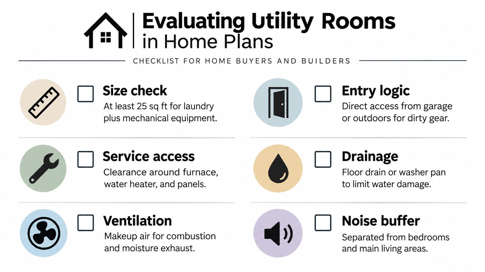A checklist infographic titled Evaluating Utility Rooms in Home Plans listing six essential design considerations.