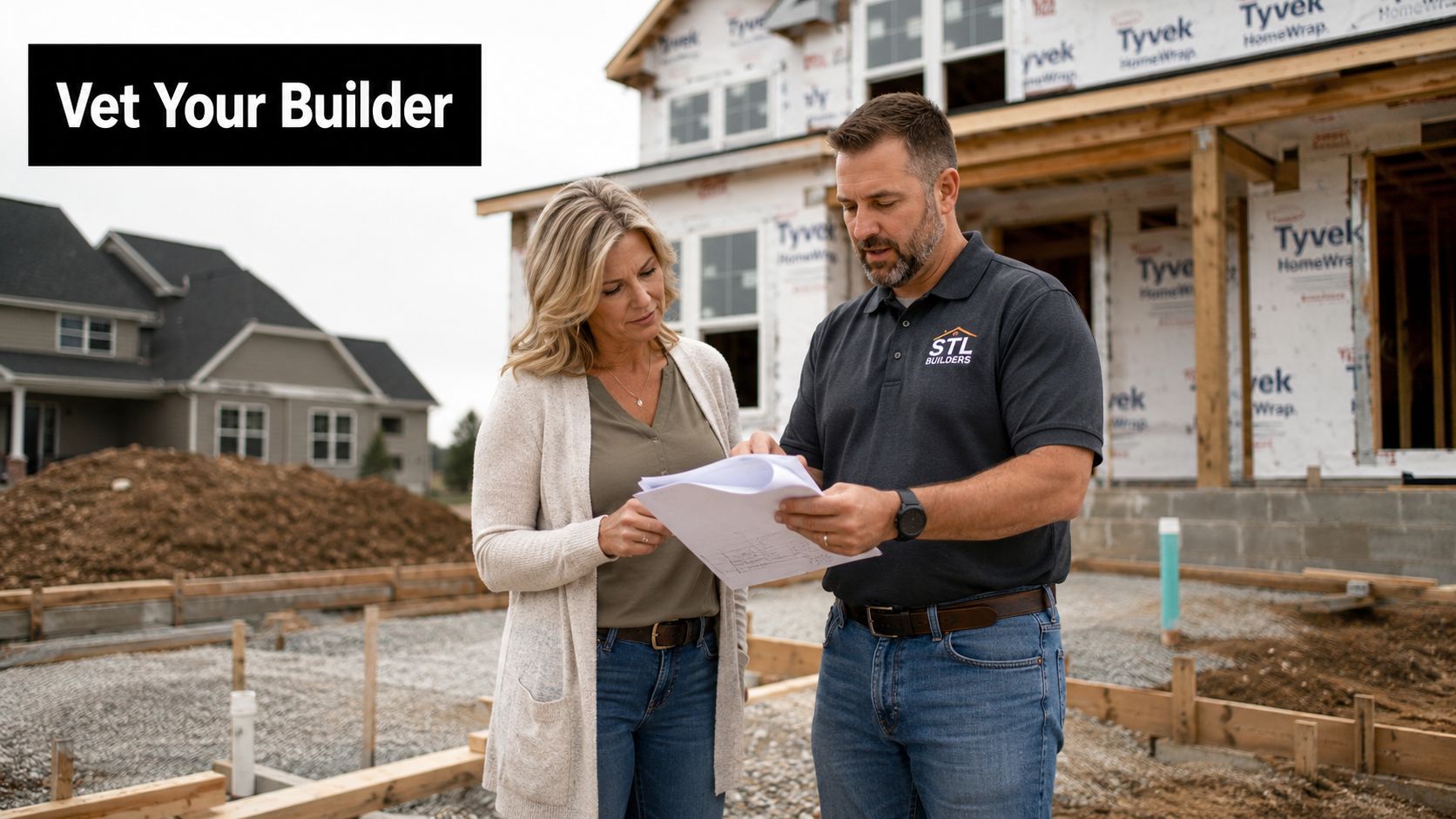 A custom home builder discussing construction blueprints with a client at an active residential building site.