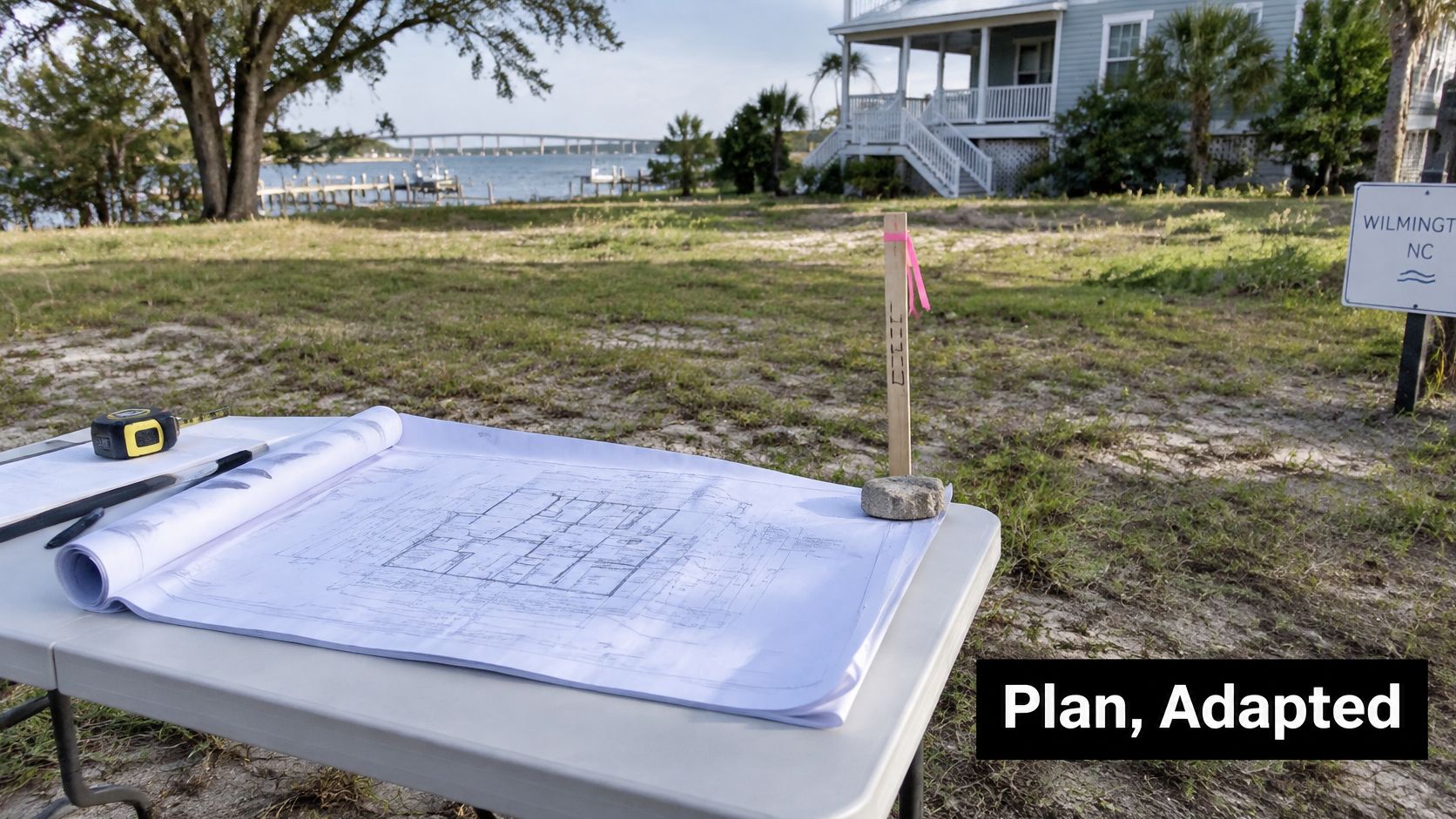 Architectural blueprints laid out on a table at a waterfront construction site in Wilmington, North Carolina.