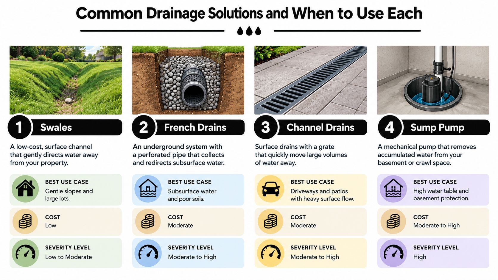 An infographic showing four common drainage solutions including swales, French drains, channel drains, and sump pumps.